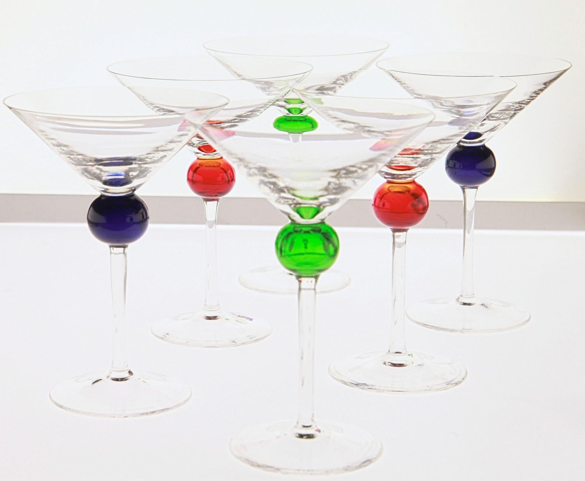 Six Murano Martini Glass, Clear with Cobalt, Red and Green Sphere, Cenedese 6