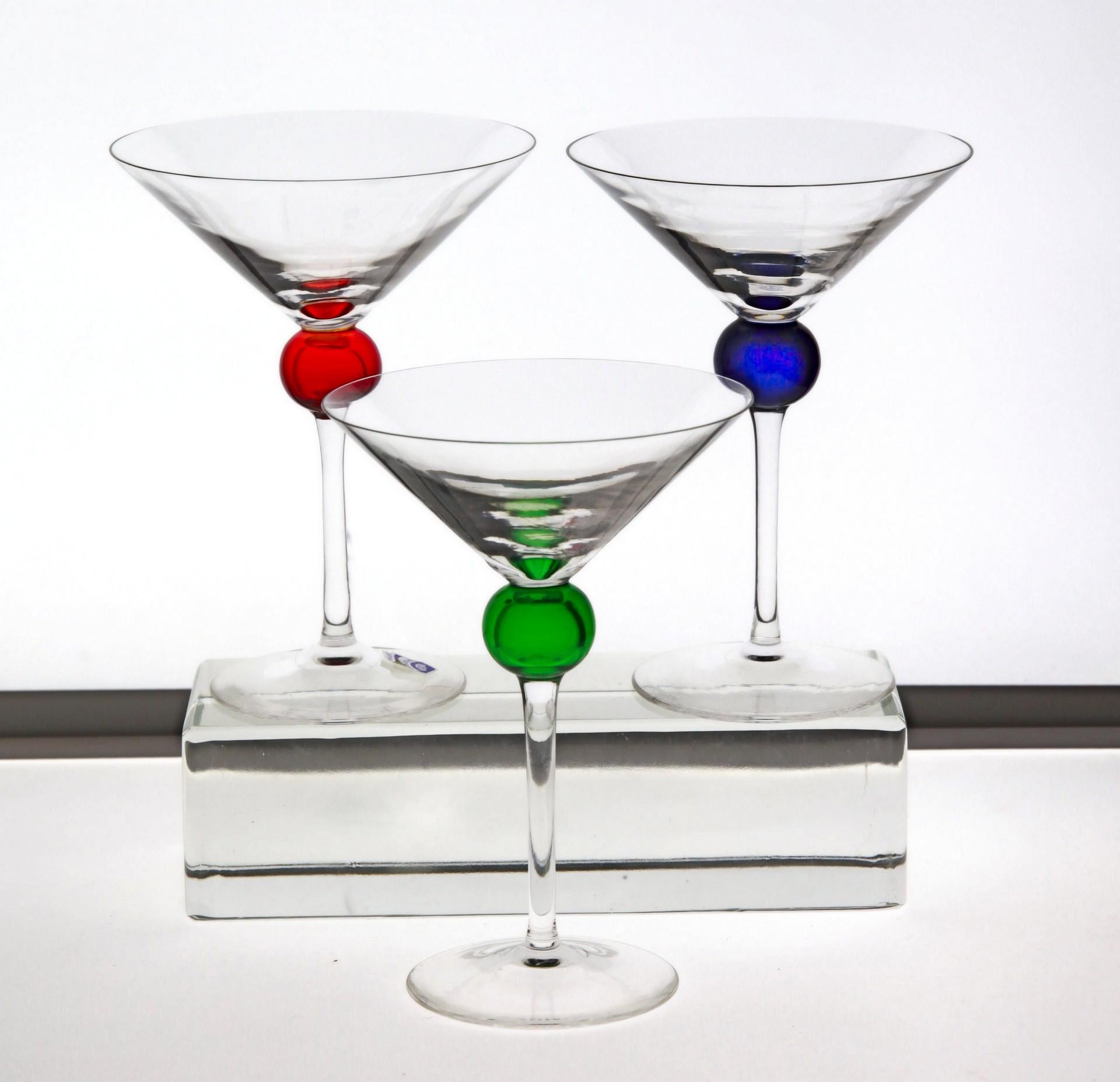 Six Murano Martini Glass, Clear with Cobalt, Red and Green Sphere, Cenedese 7