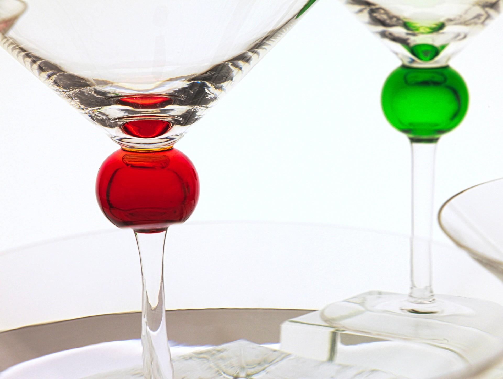 Six Murano Martini Glass, Clear with Cobalt, Red and Green Sphere, Cenedese 8