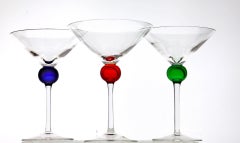 Six Murano Martini Glass, Clear with Cobalt, Red and Green Sphere, Cenedese