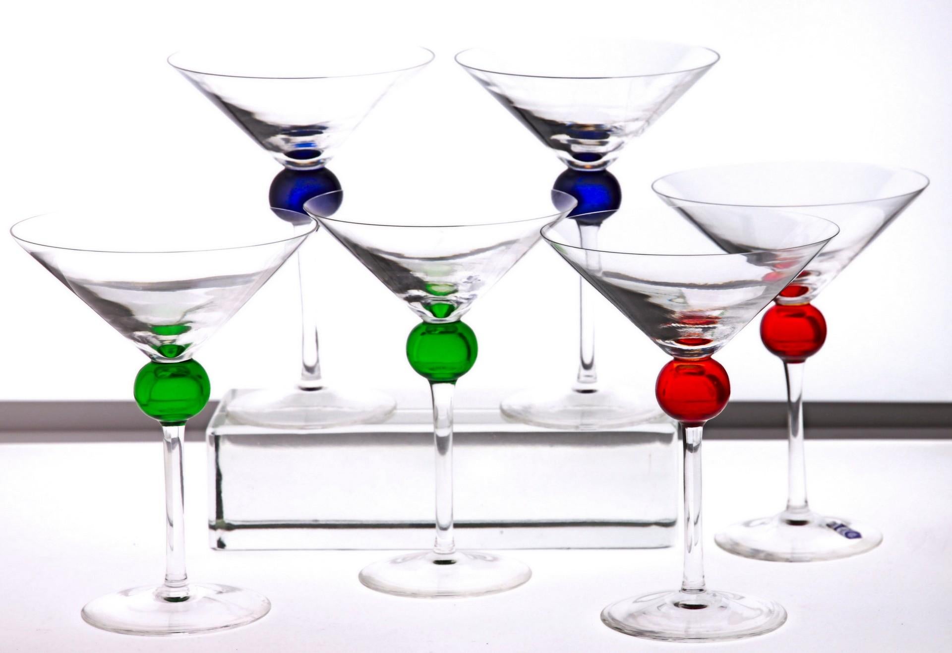 Italian Six Murano Martini Glass, Clear with Cobalt, Red and Green Sphere, Cenedese