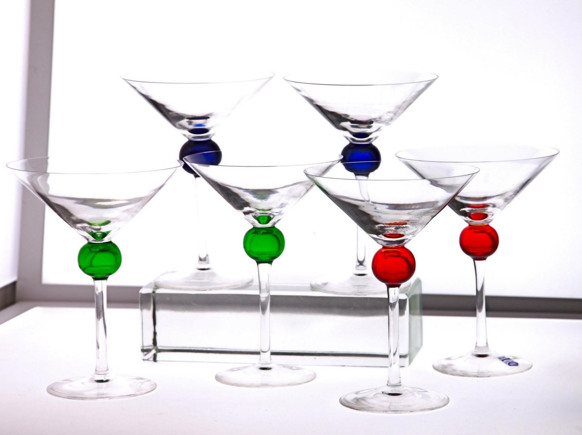 Art Glass Six Murano Martini Glass, Clear with Cobalt, Red and Green Sphere, Cenedese
