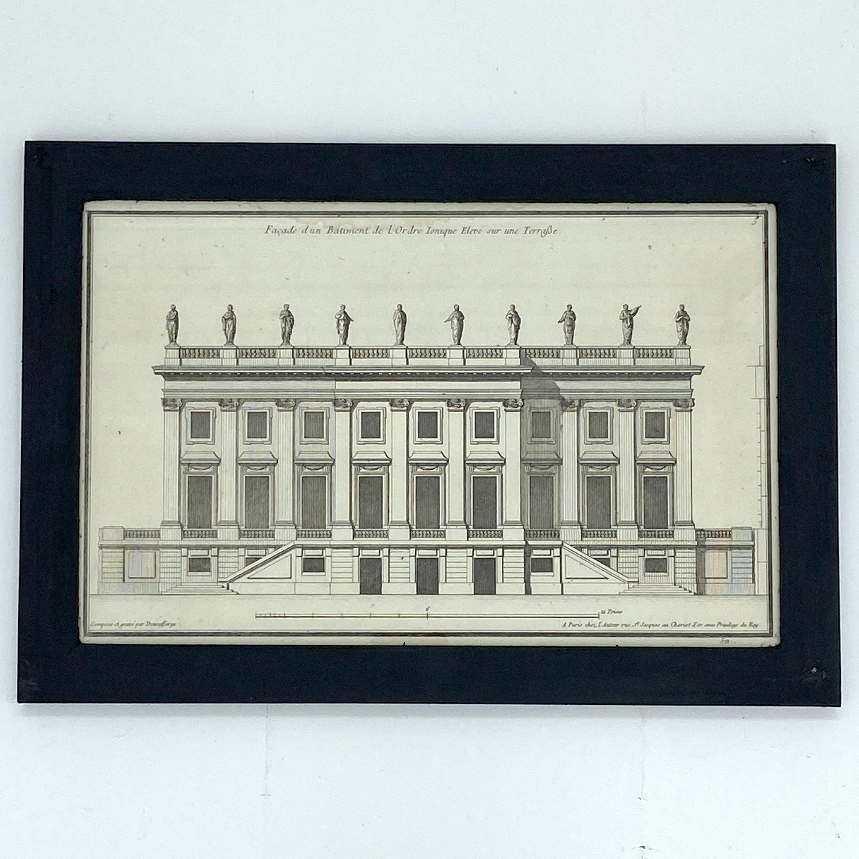 Eighteenth-century set of six original engravings of Neo Classical and Rococo grand architecture by Jean-François de Neufforge,  (1714 - 1791), Belgian architect and engraver, known for his Recueil Elementaire d'Architecture, a eight folio volumes