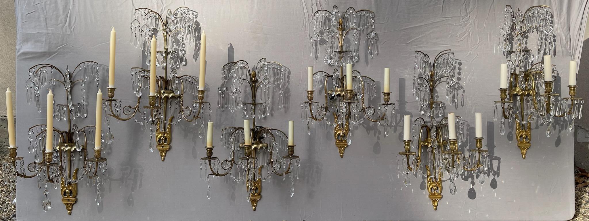 Neoclassical A Set of Six Christal Hung Swedish Neo-Classical Wall Sconces For Sale