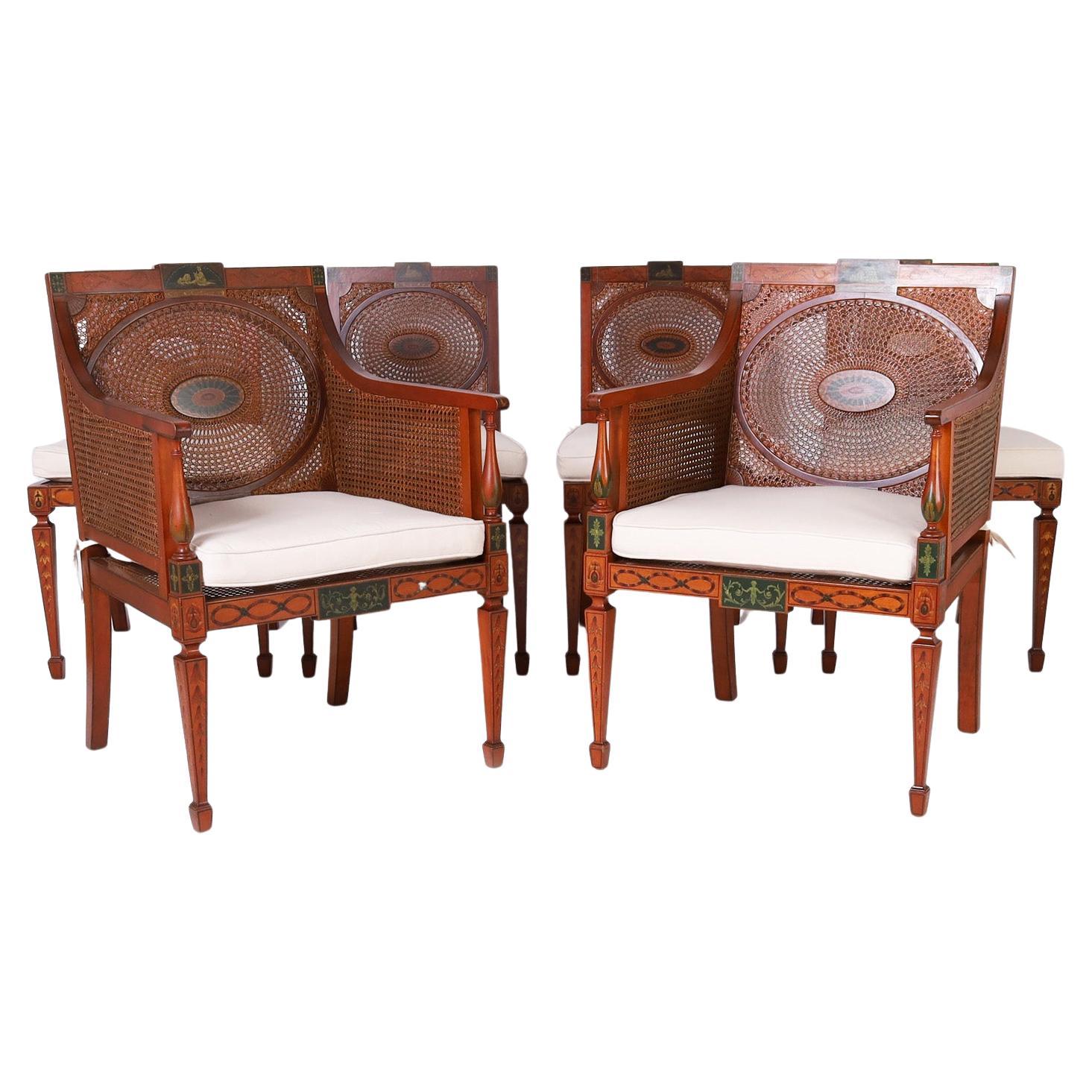 Six Neoclassic Caned and Decorated Adam Style Dining Chairs For Sale