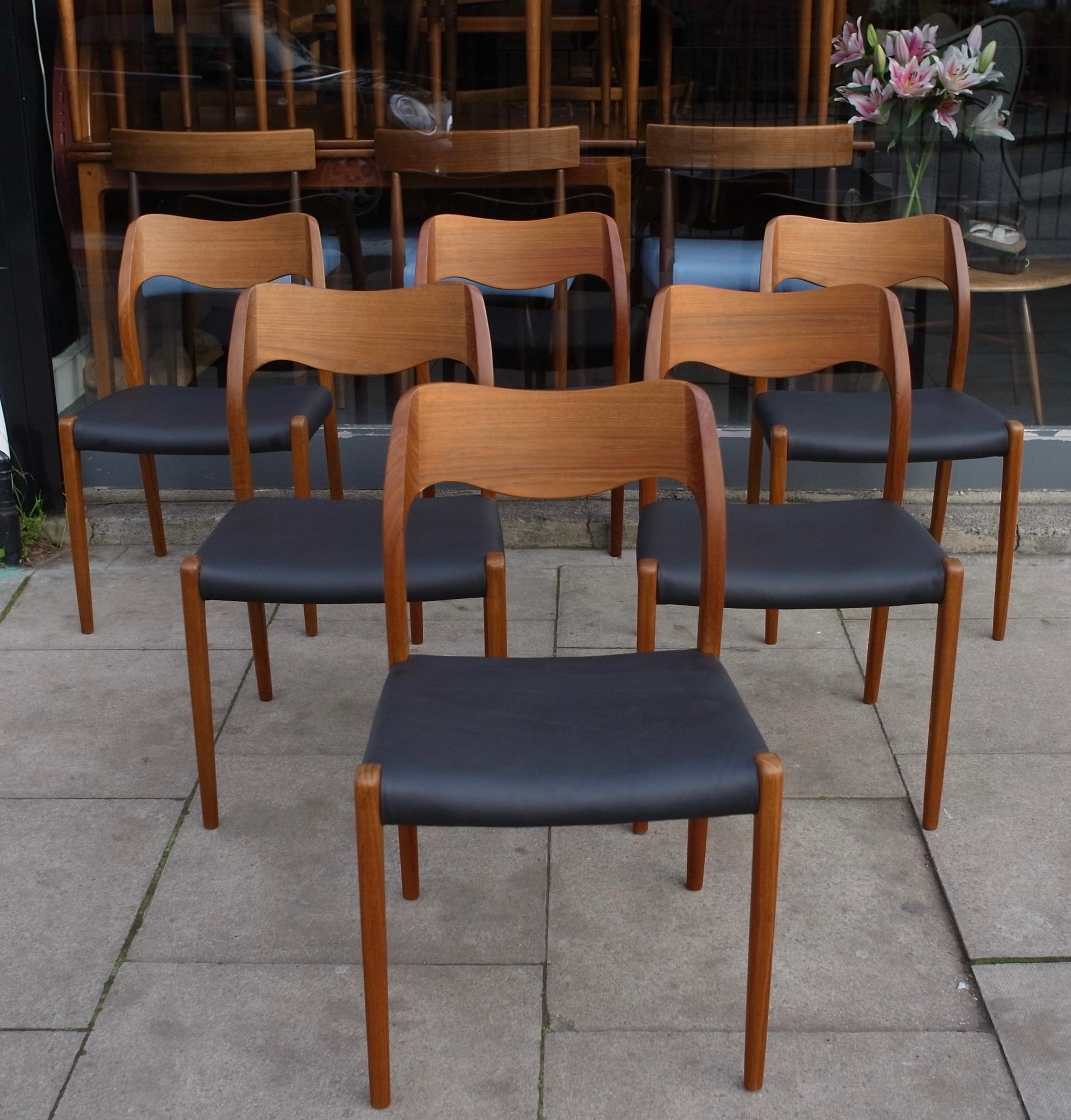 Mid-Century Modern Six Niels. O Moller 71  teak dining chairs by J.L. Mollers in black leather  For Sale