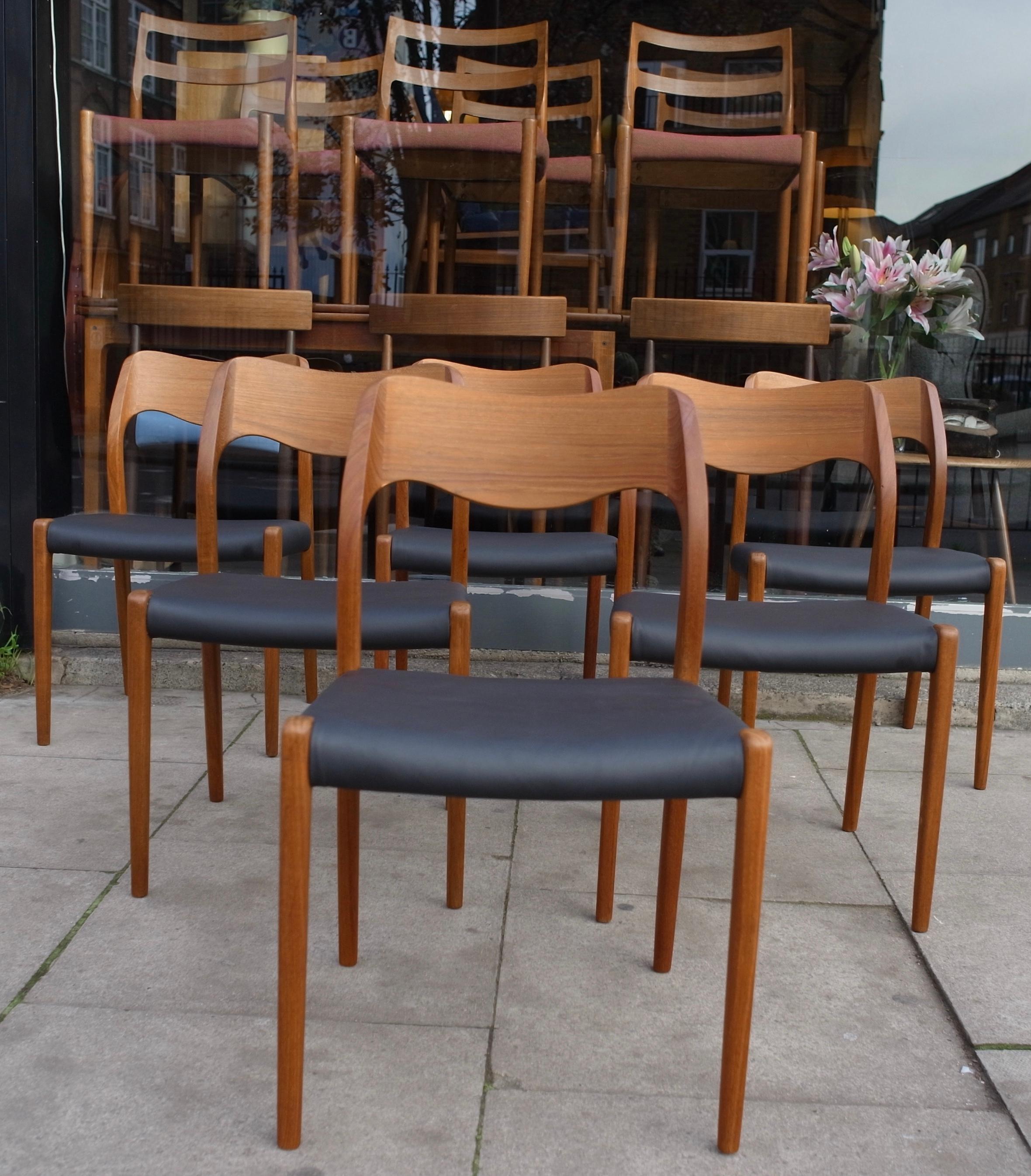 Danish Six Niels. O Moller 71  teak dining chairs by J.L. Mollers in black leather  For Sale