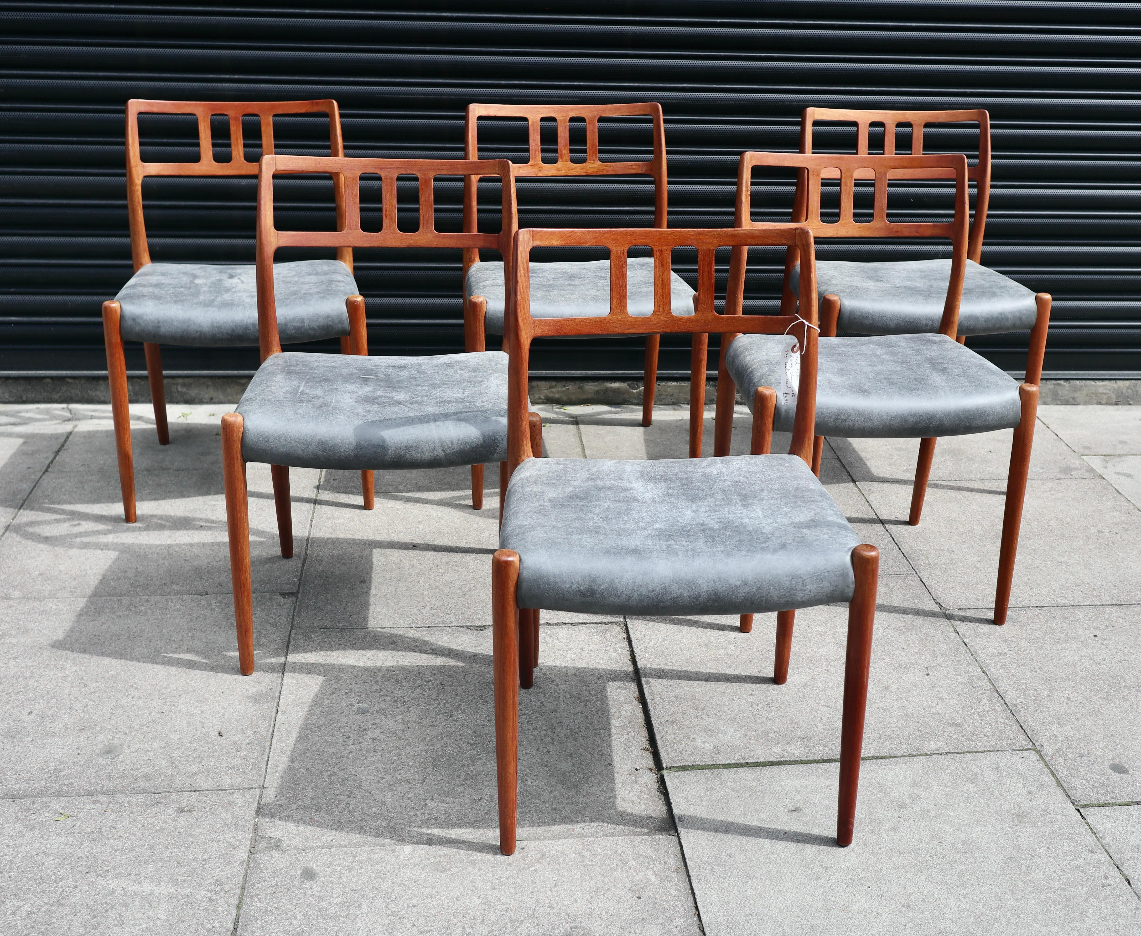 Danish Six Niels.O Moller 78 Teak Dining Chairs by J.L. Mollers in Grey Leather Seats For Sale