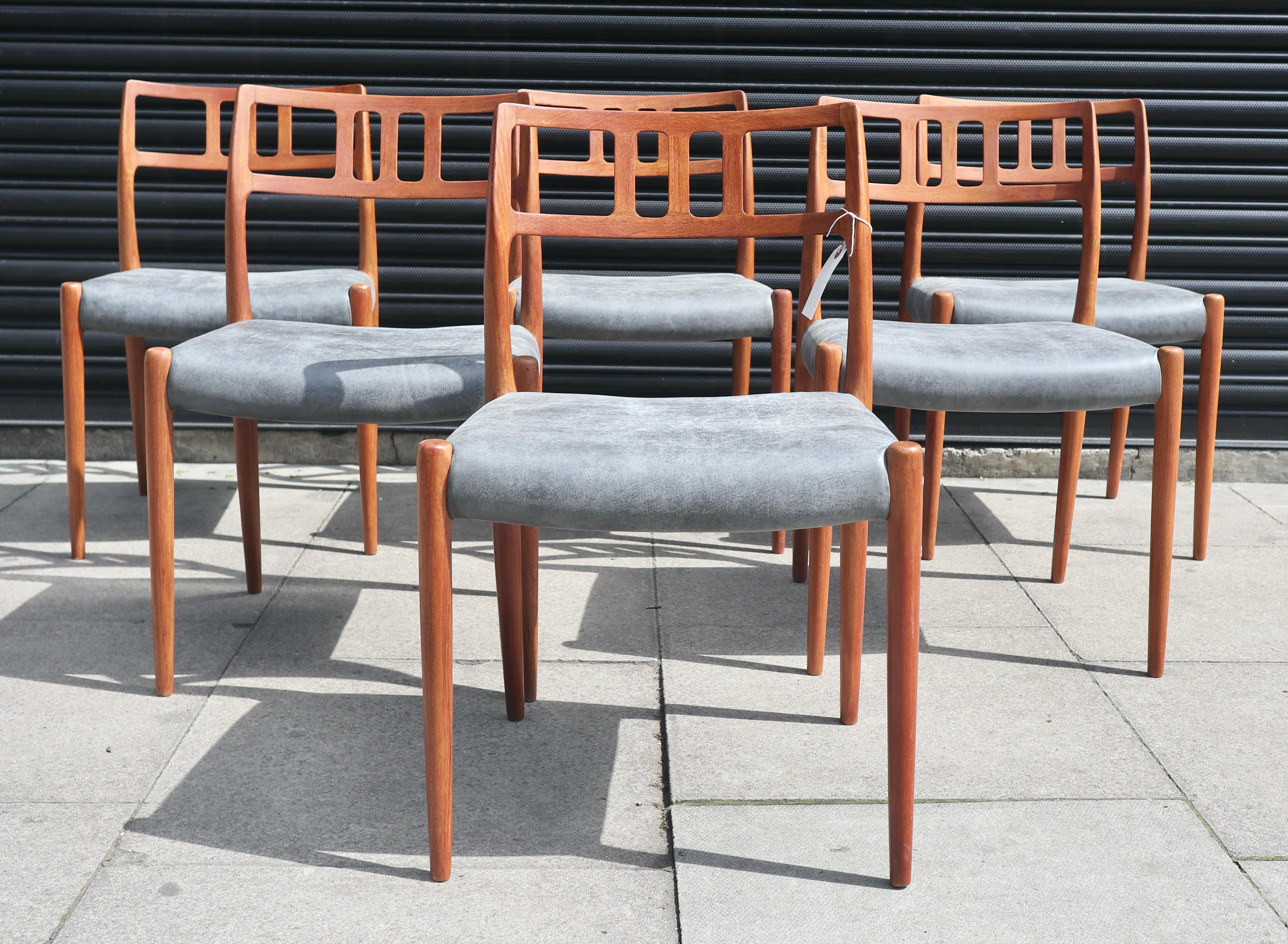 Six Niels.O Moller 78 Teak Dining Chairs by J.L. Mollers in Grey Leather Seats For Sale 8