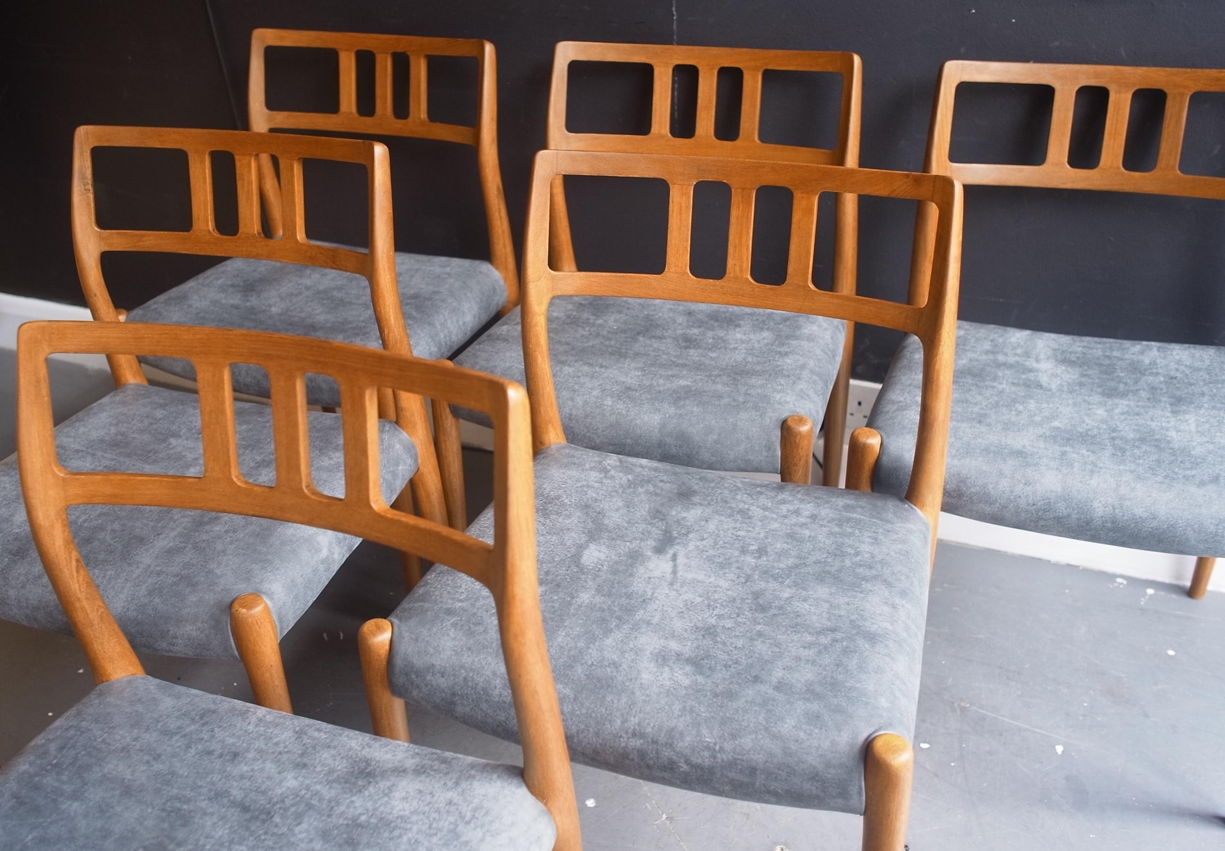 20th Century Six Niels.O Moller 78 Teak Dining Chairs by J.L. Mollers in Grey Leather Seats For Sale