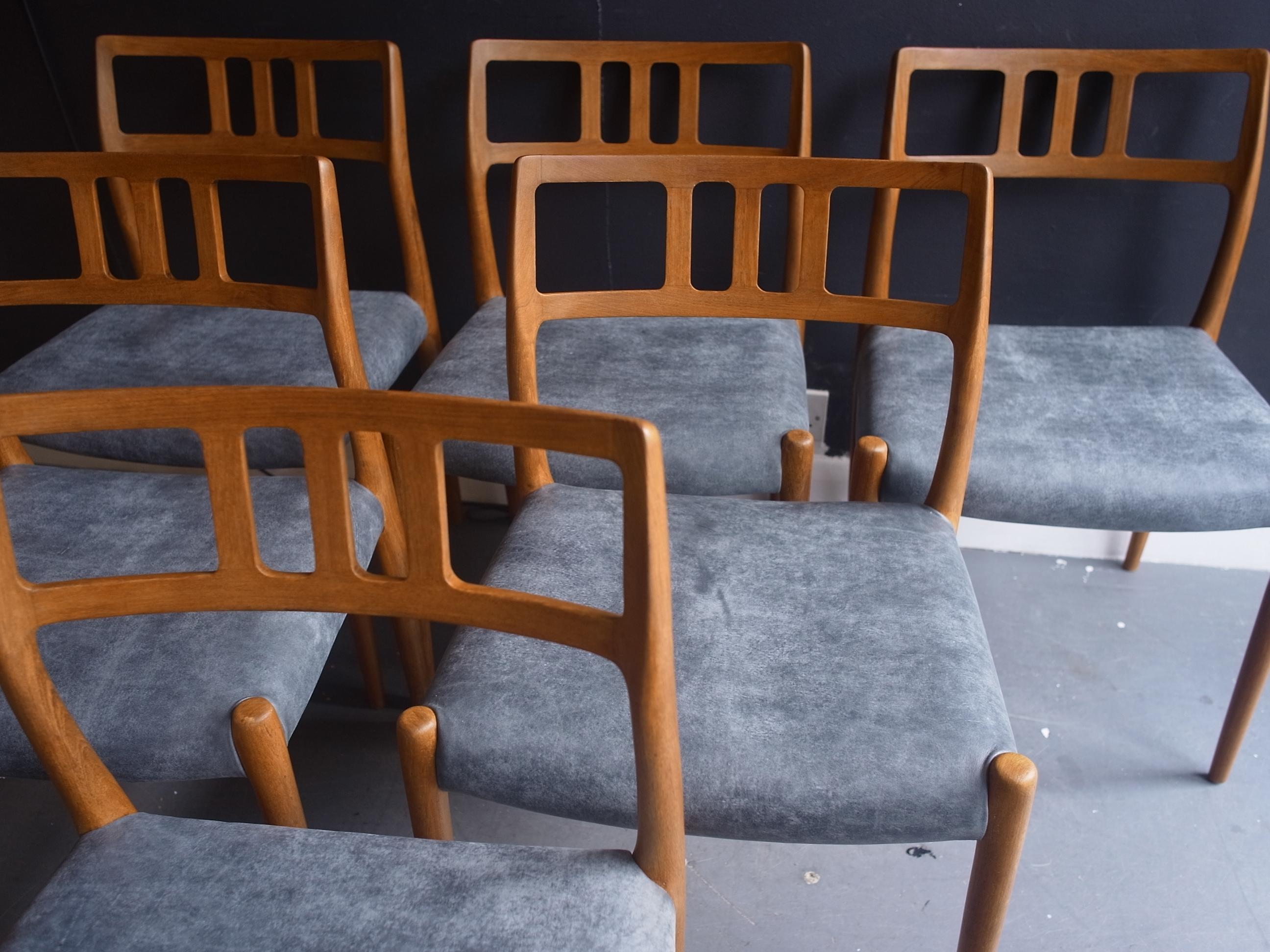 Six Niels.O Moller 78 Teak Dining Chairs by J.L. Mollers in Grey Leather Seats For Sale 3