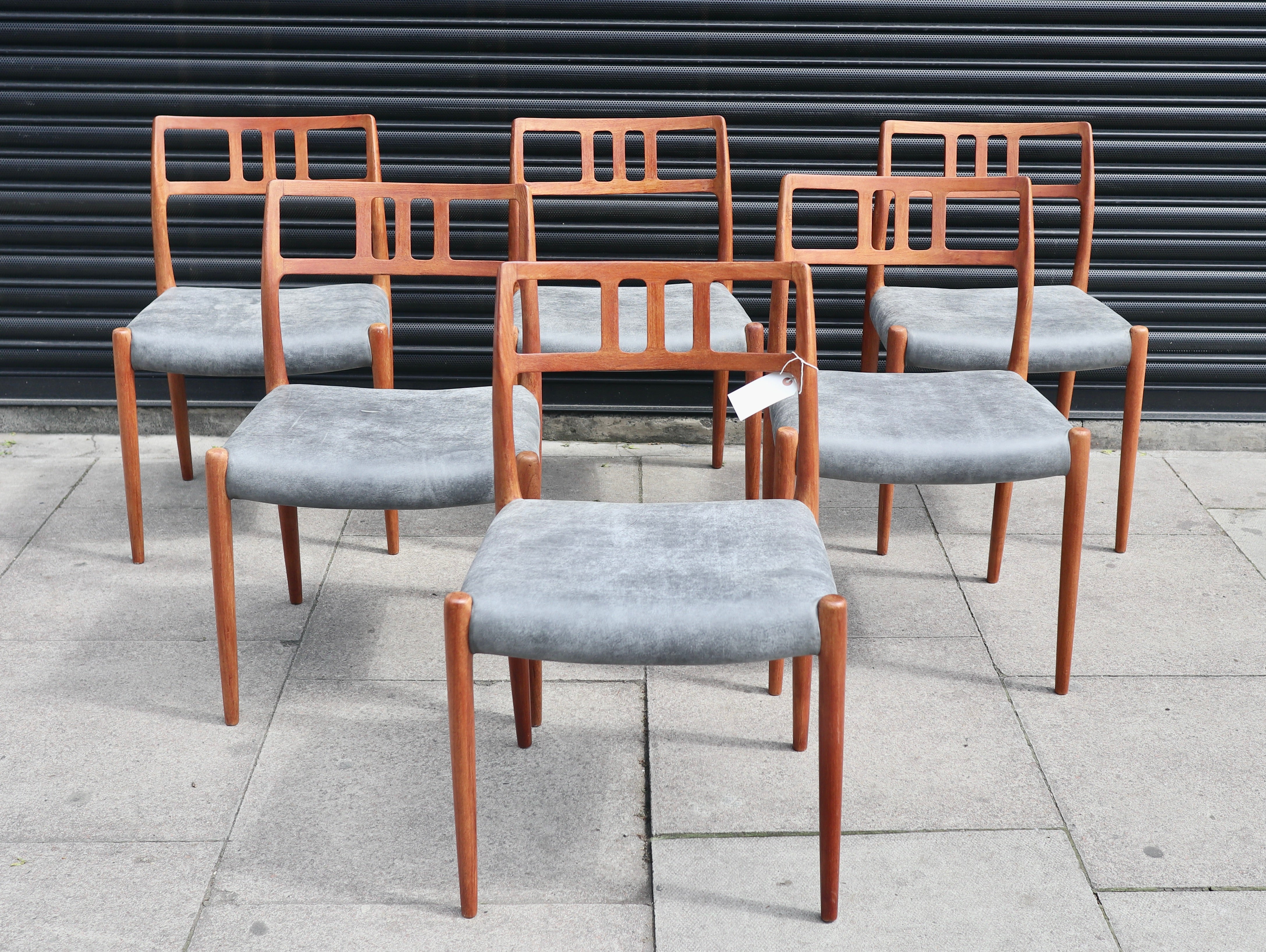 Six Niels.O Moller 78 Teak Dining Chairs by J.L. Mollers in Grey Leather Seats For Sale