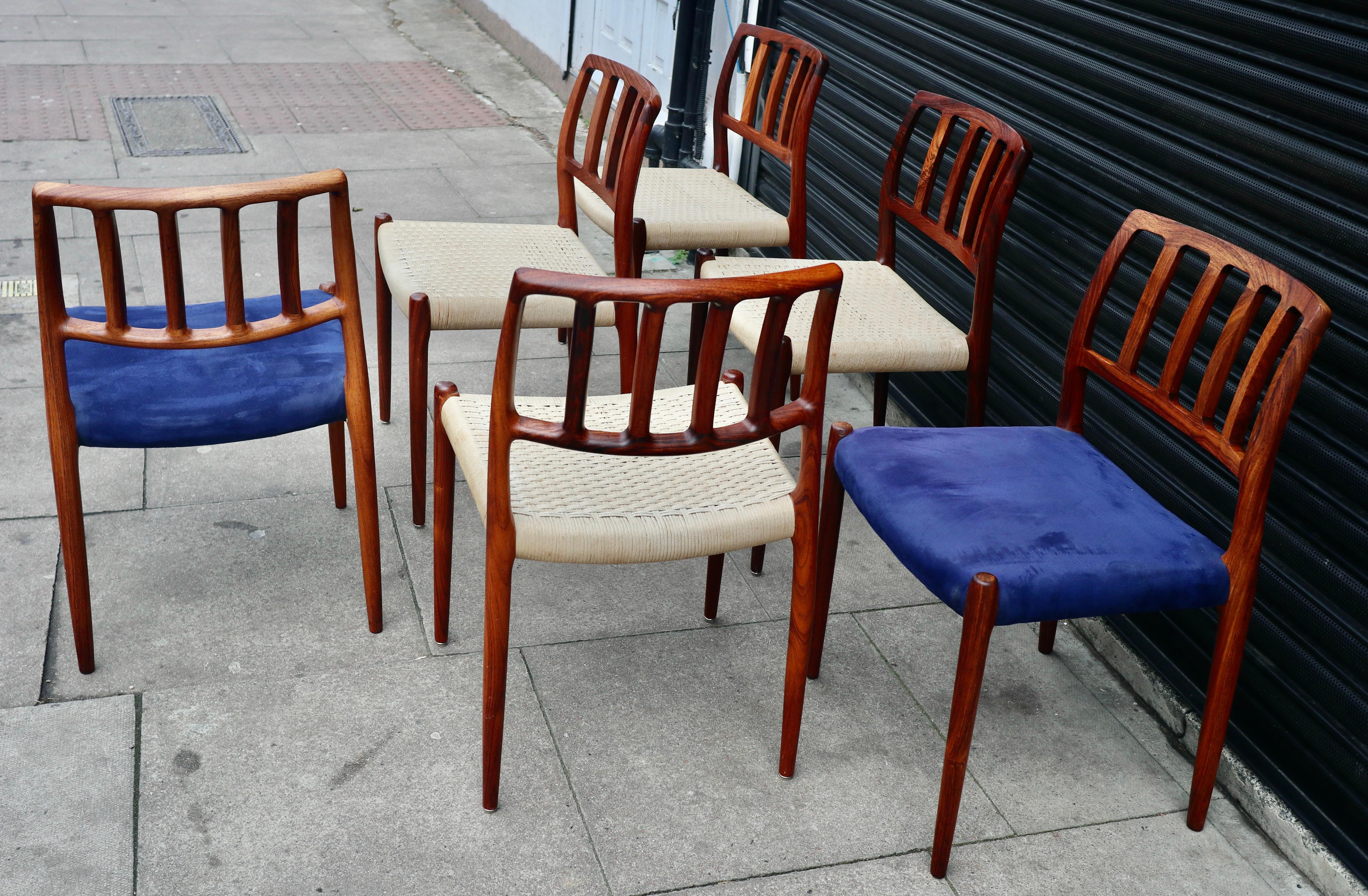 Six Niels.O Moller 83 Rosewood Dining Chairs by J.L. Mollers with woven Seats For Sale 5