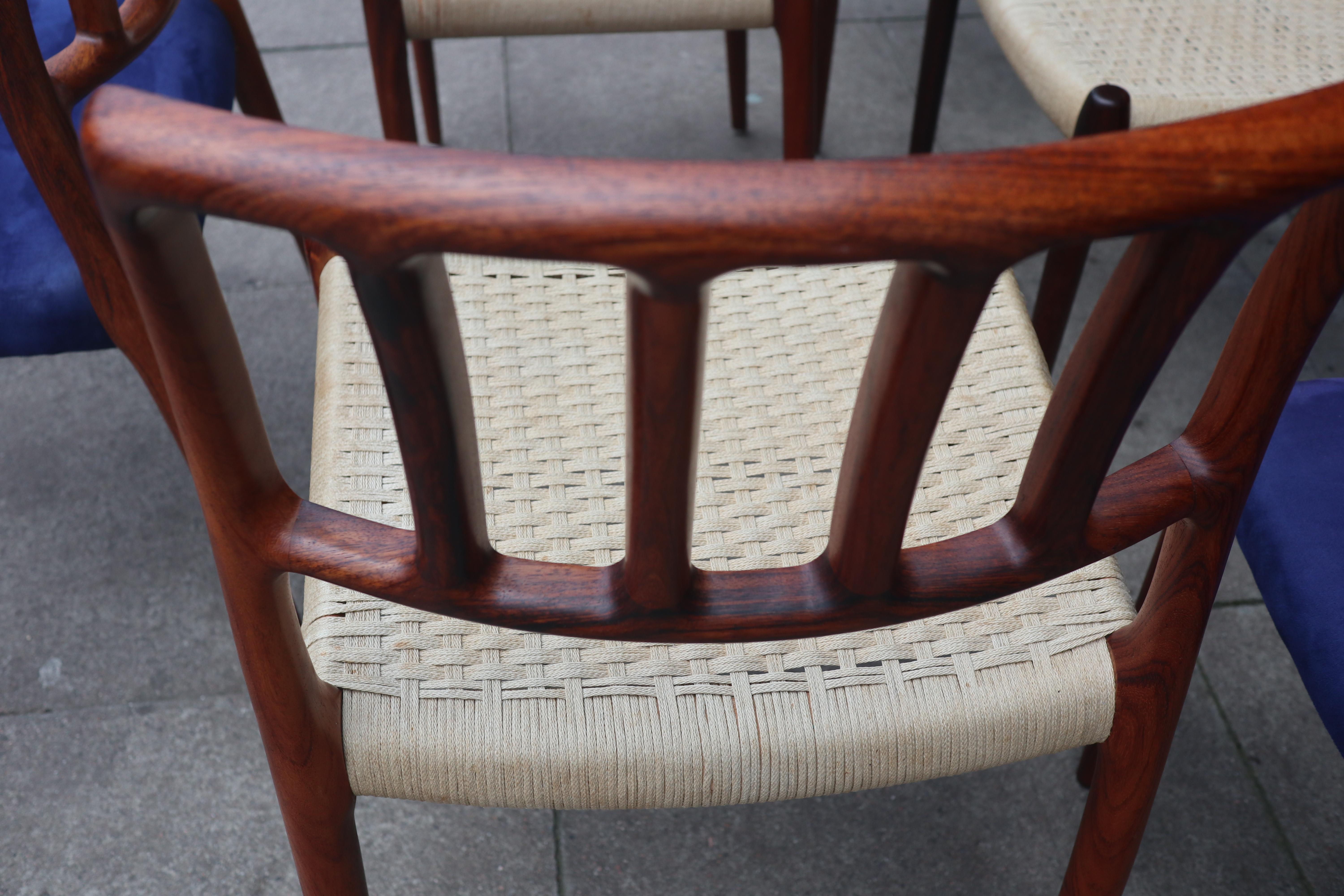 Six Niels.O Moller 83 Rosewood Dining Chairs by J.L. Mollers with woven Seats For Sale 6