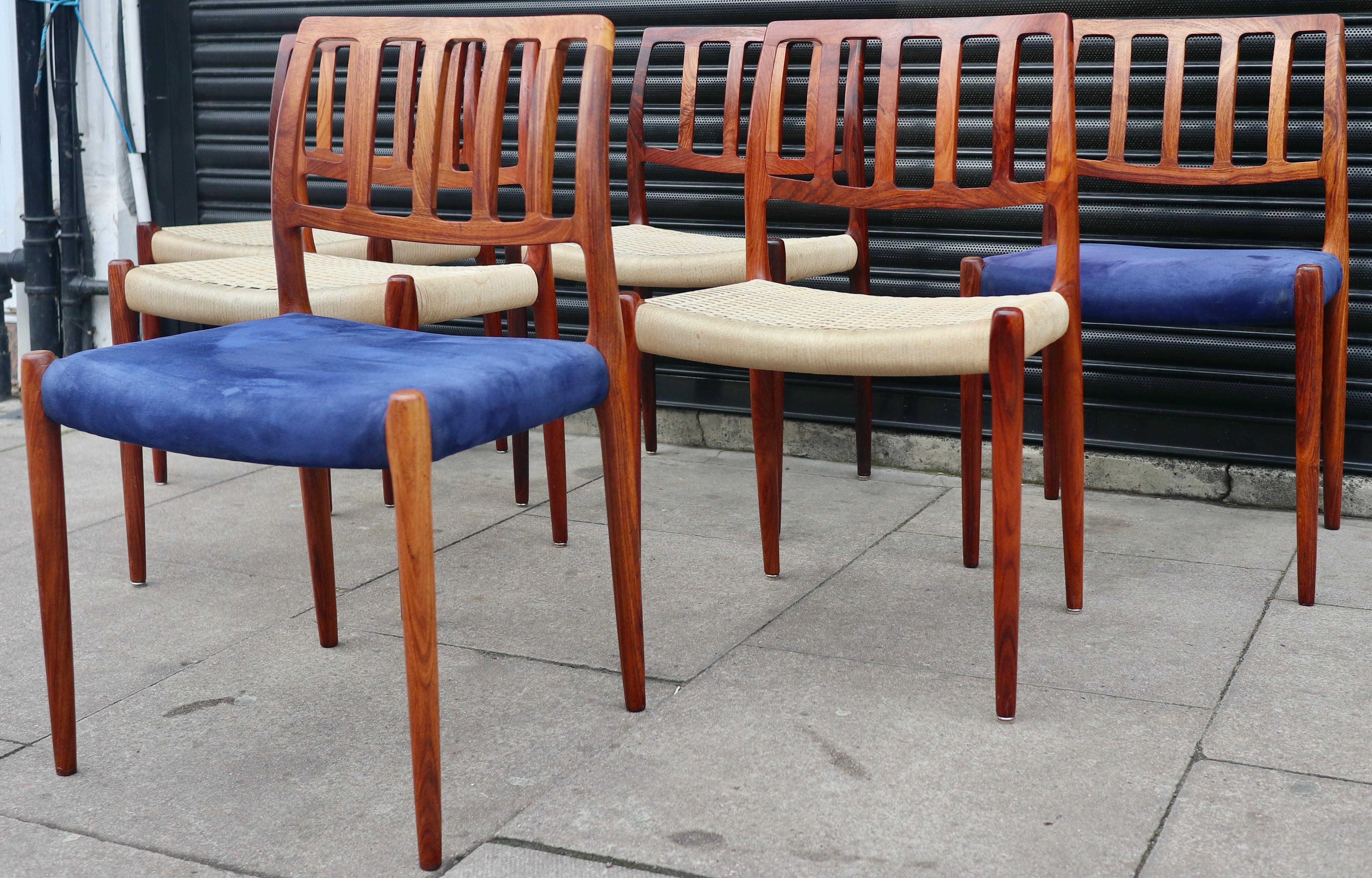Mid-Century Modern Six Niels.O Moller 83 Rosewood Dining Chairs by J.L. Mollers with woven Seats For Sale