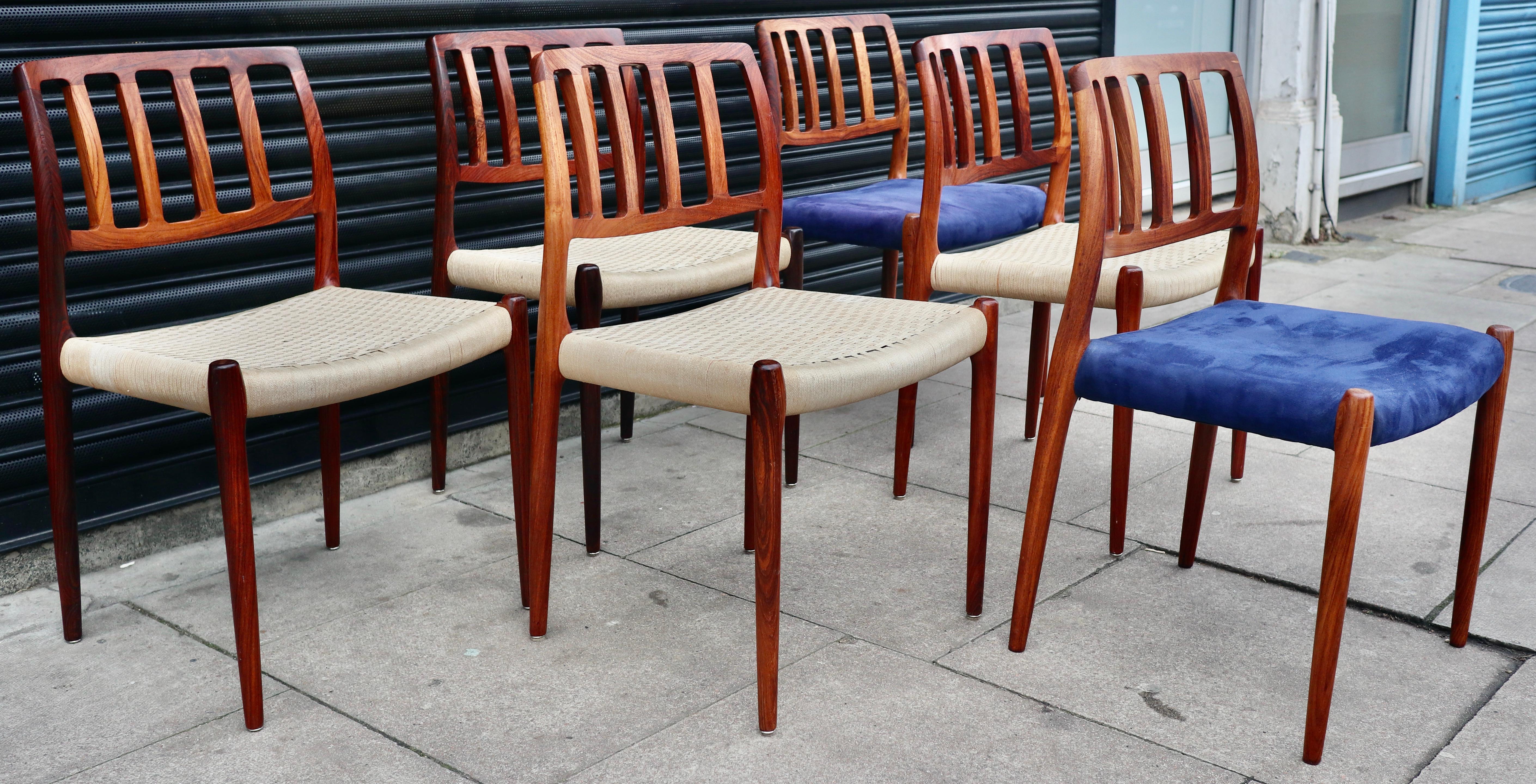 Danish Six Niels.O Moller 83 Rosewood Dining Chairs by J.L. Mollers with woven Seats For Sale