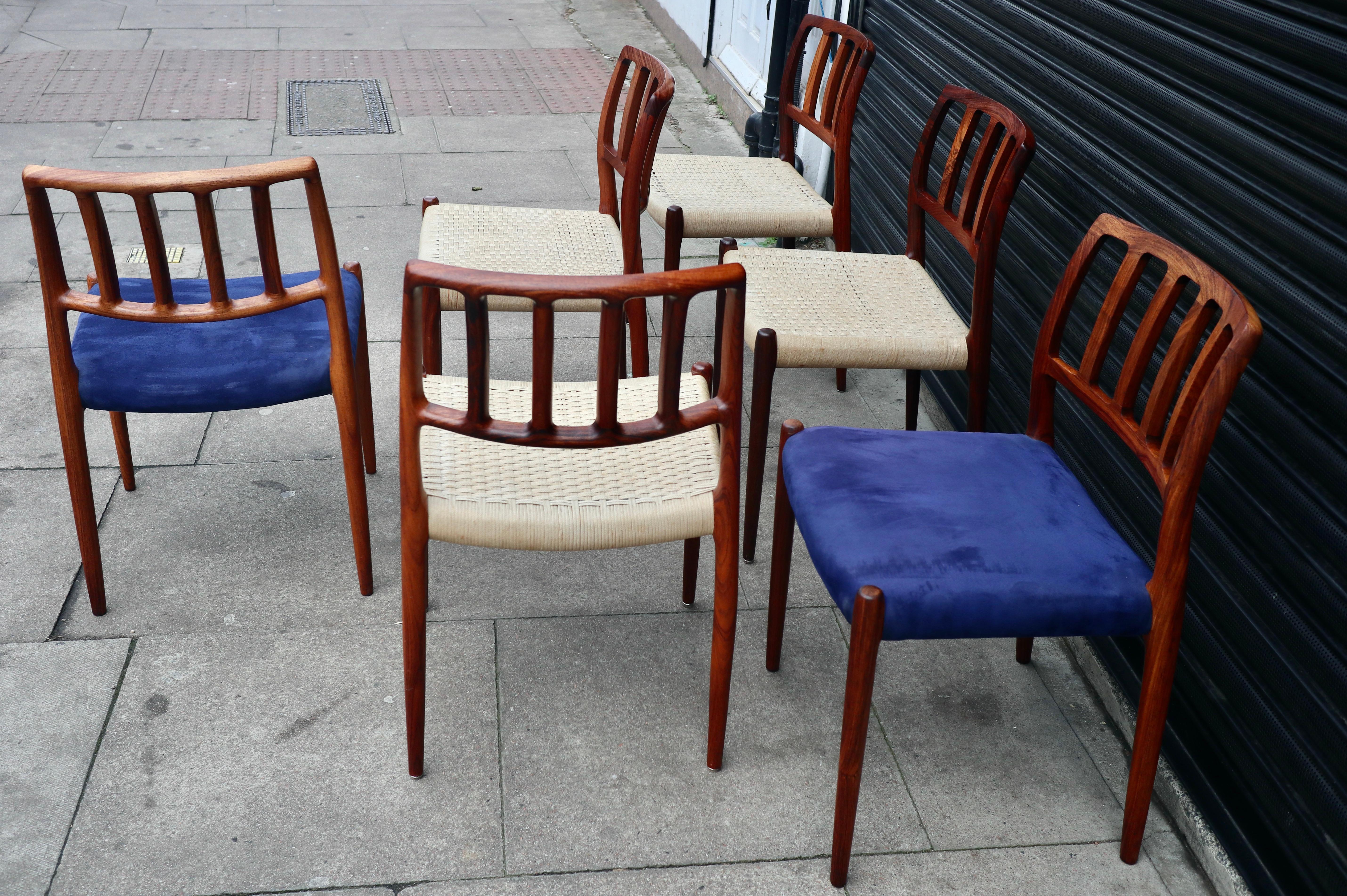 Six Niels.O Moller 83 Rosewood Dining Chairs by J.L. Mollers with woven Seats For Sale 3
