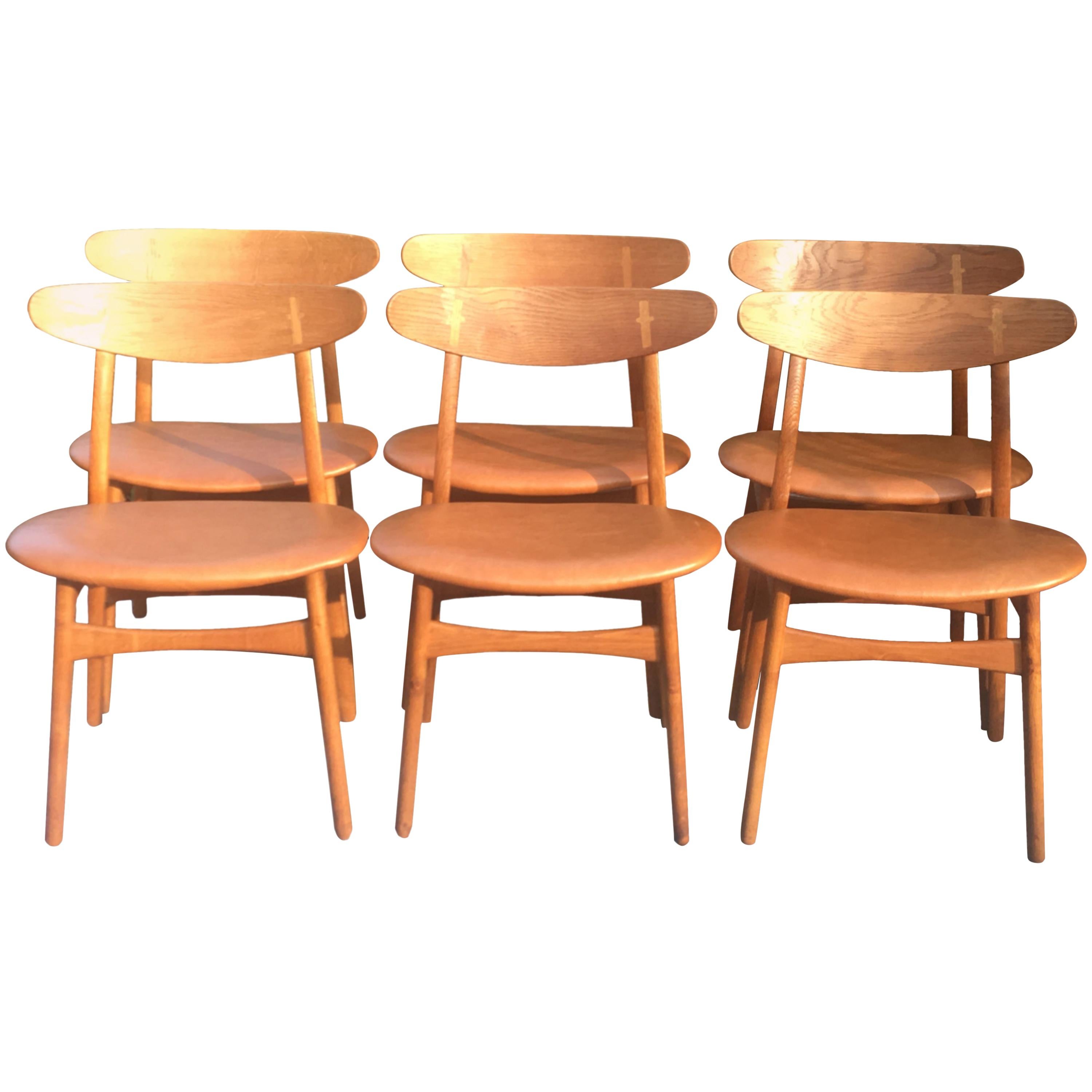 Six Oak and Leather CH30 Dining Chairs by Hans J Wegner for Carl hansen & Son