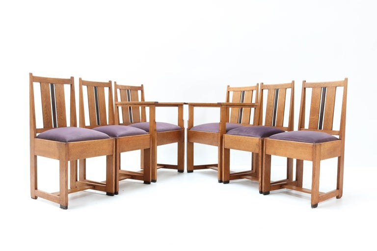 Six Oak Art Deco Haagse School Dining Room Chairs, 1920s at 1stDibs