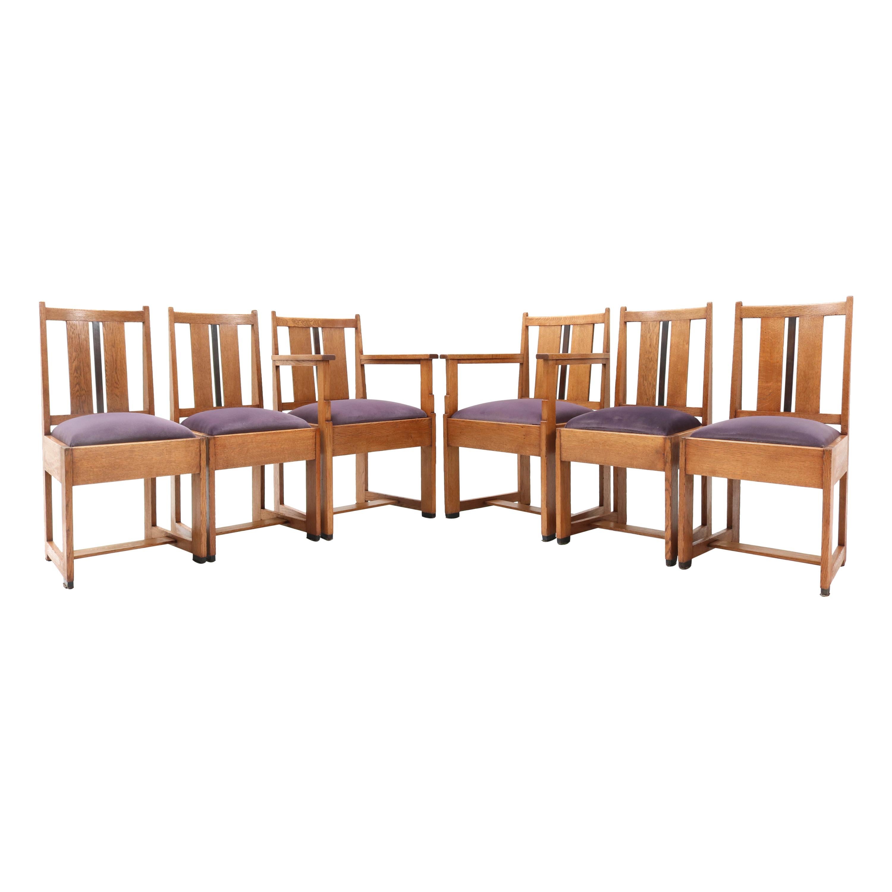 Six Oak Art Deco Haagse School Dining Room Chairs, 1920s