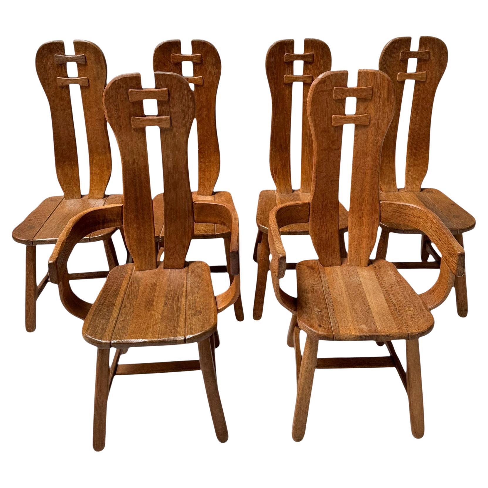 Sei sedie da sala da pranzo brutaliste in Oak di Kunstmeubelen De Puydt Belgio, anni '70
