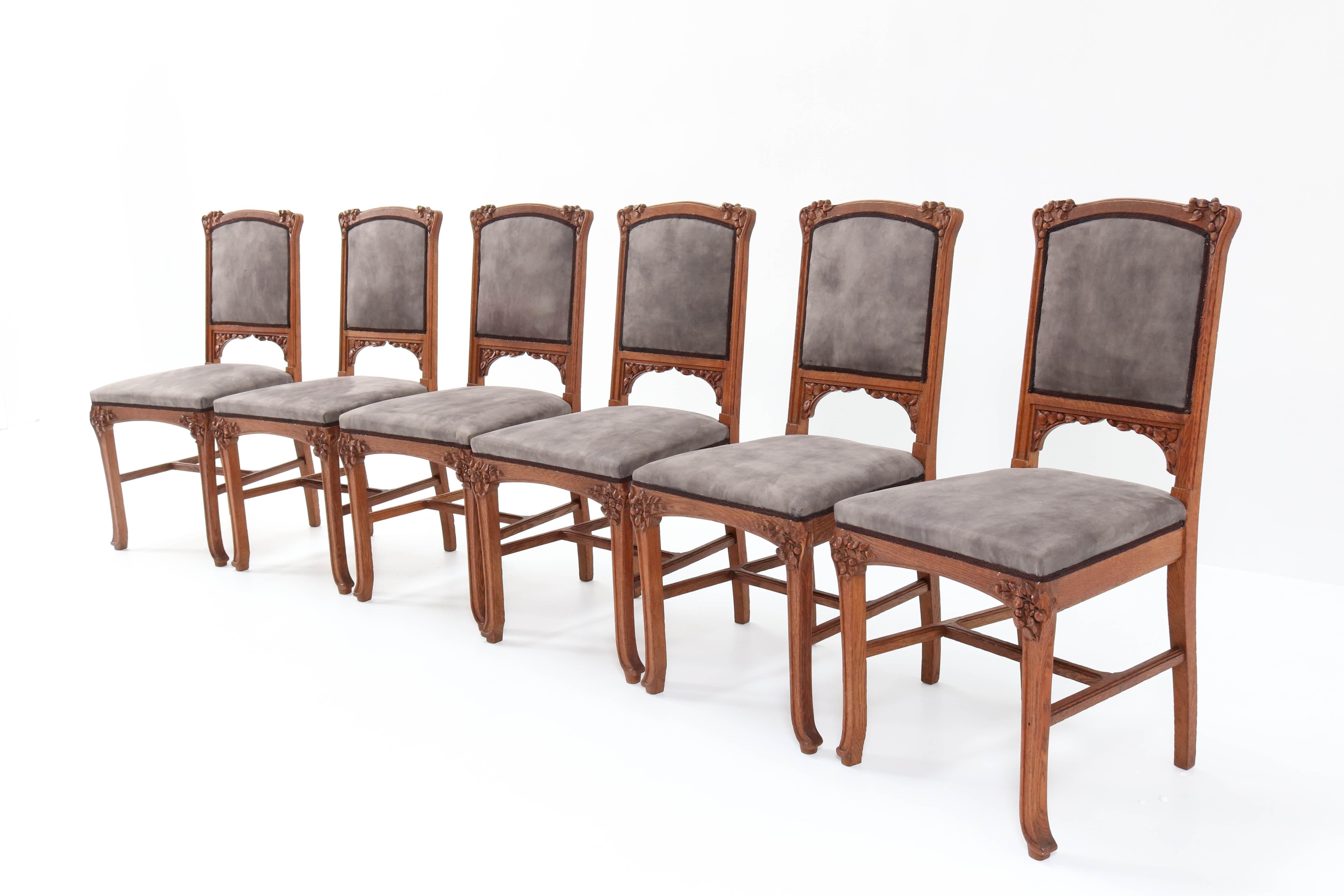 Six Oak French Art Nouveau Chairs Attributed to Jacques Gruber, 1900s In Good Condition In Amsterdam, NL