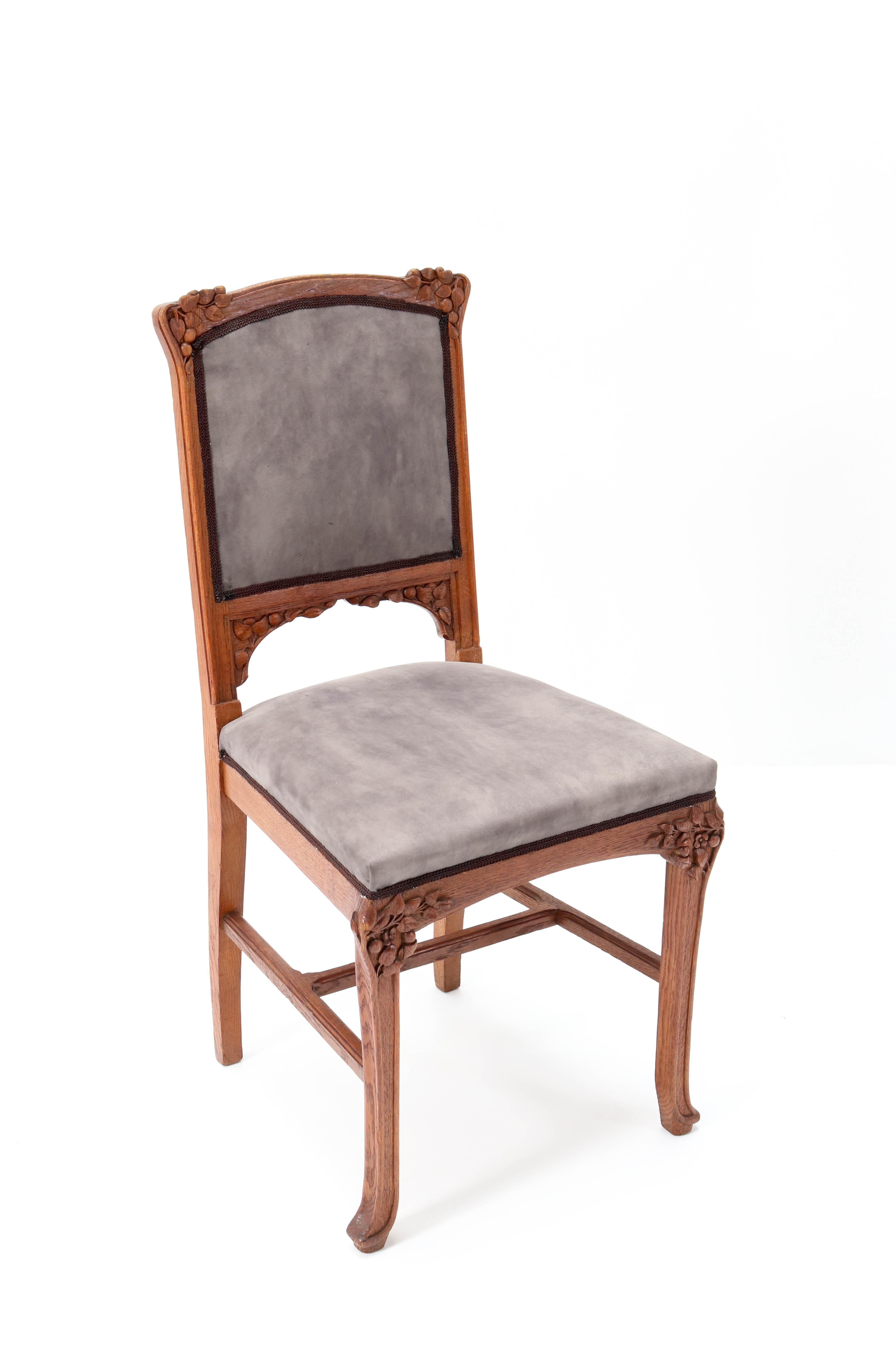 Fabric Six Oak French Art Nouveau Chairs Attributed to Jacques Gruber, 1900s
