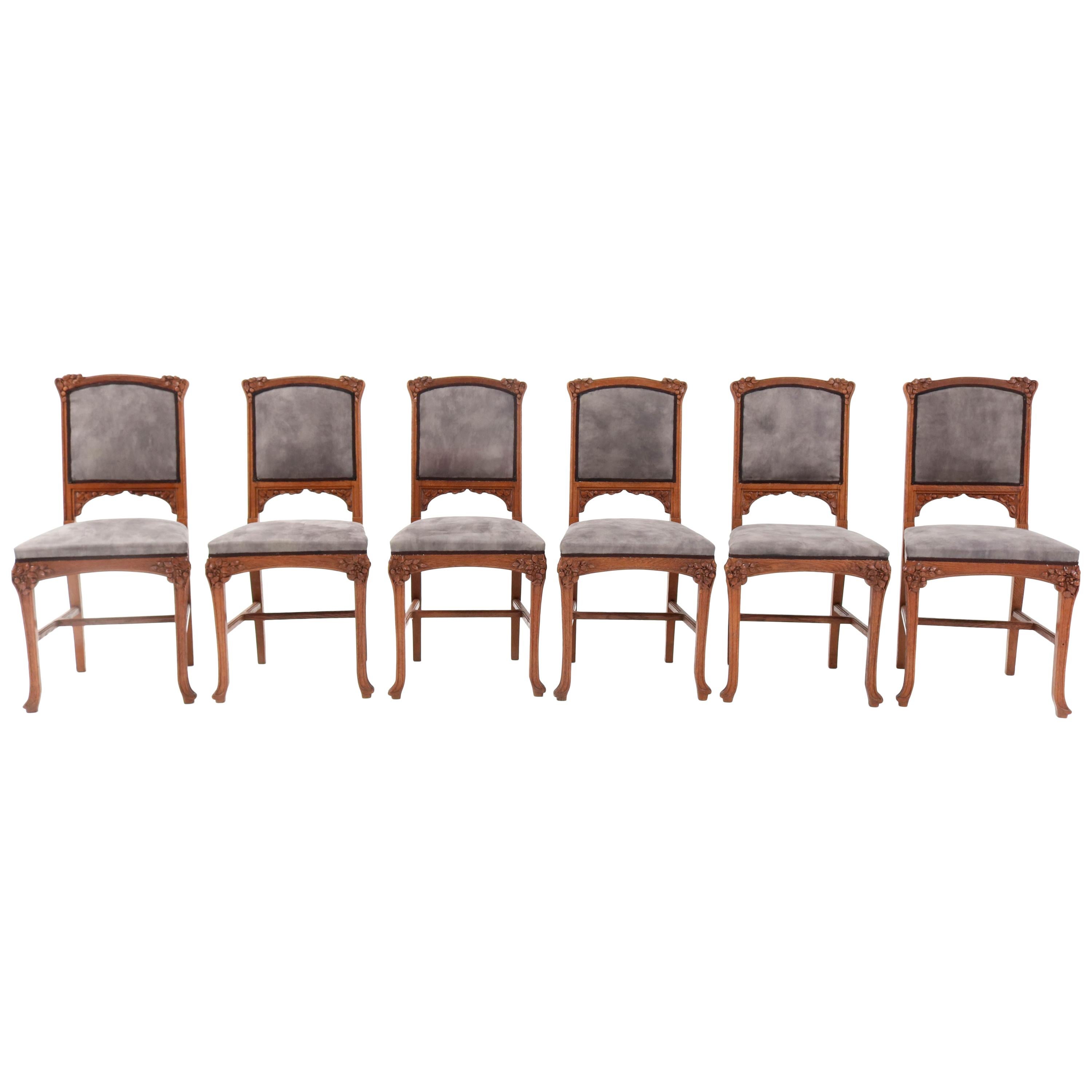 Six Oak French Art Nouveau Chairs Attributed to Jacques Gruber, 1900s