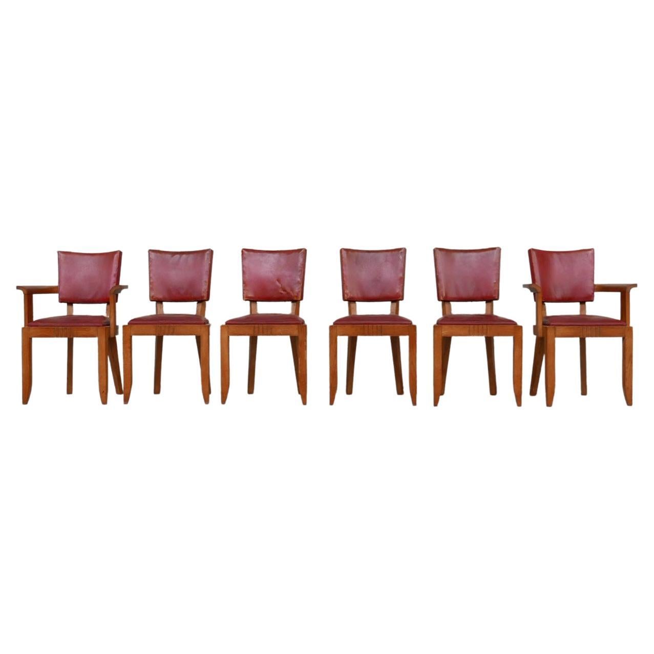 Six Oak French Deco Dining Chairs Attr. to Dudouyt