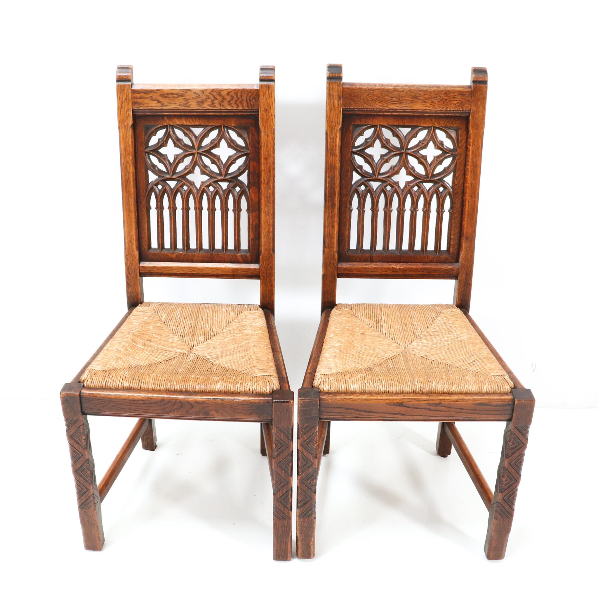 Dutch Six Oak Gothic Revival Dining Room Chairs, 1930s