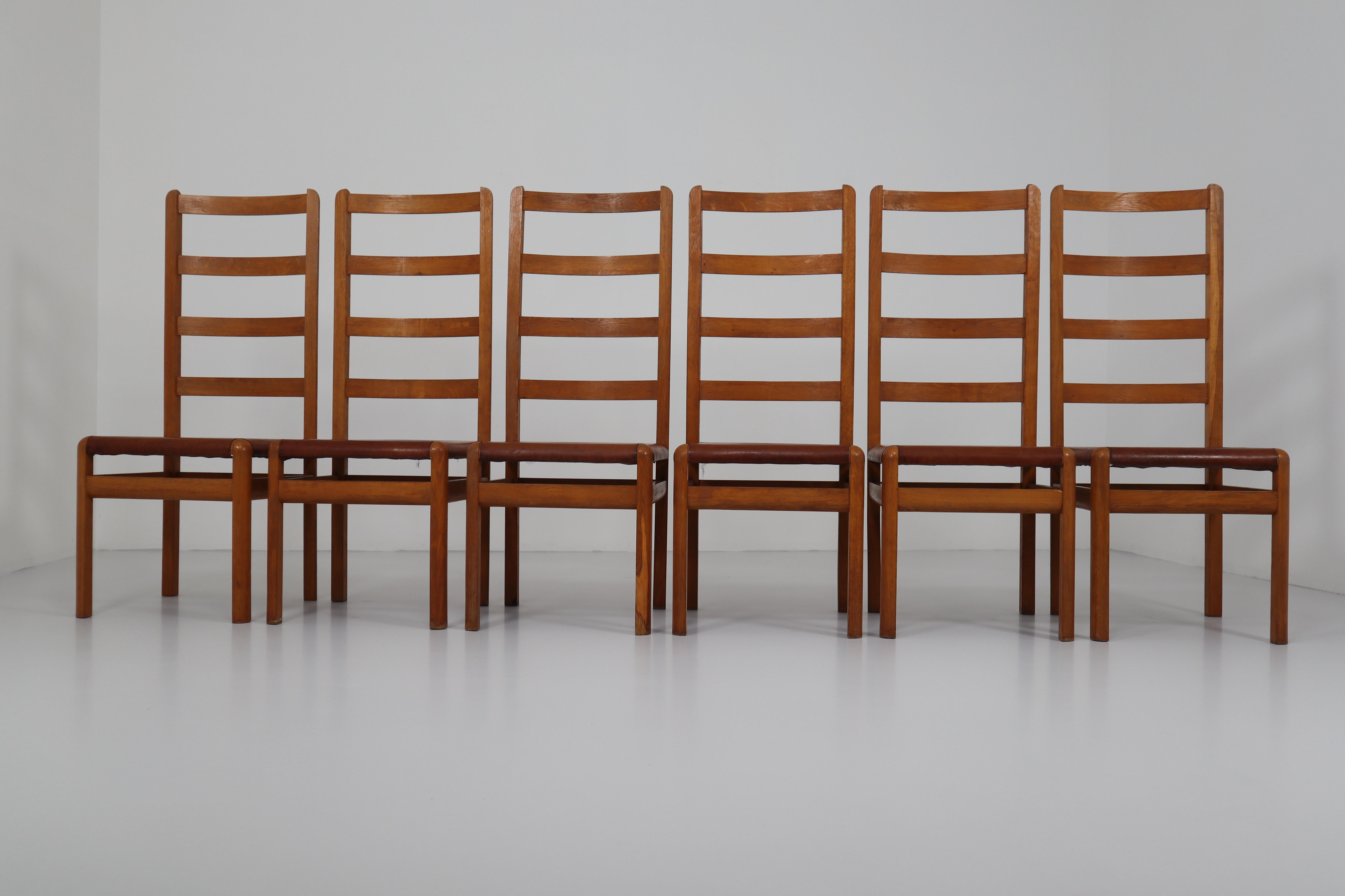 Six Oak High Back Chairs with and Brown Cognac Leather, France, 1930 4