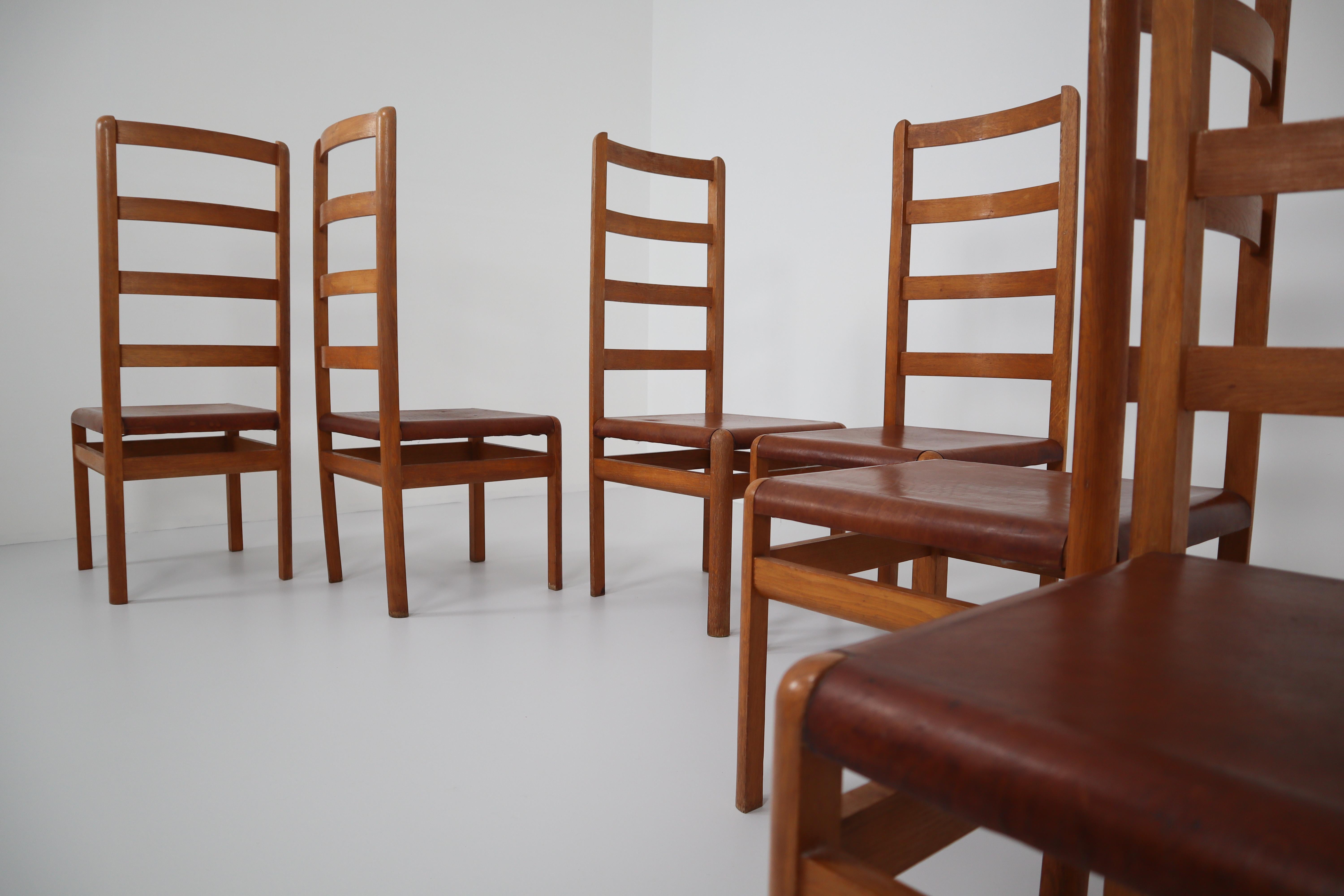 French Provincial Six Oak High Back Chairs with and Brown Cognac Leather, France, 1930