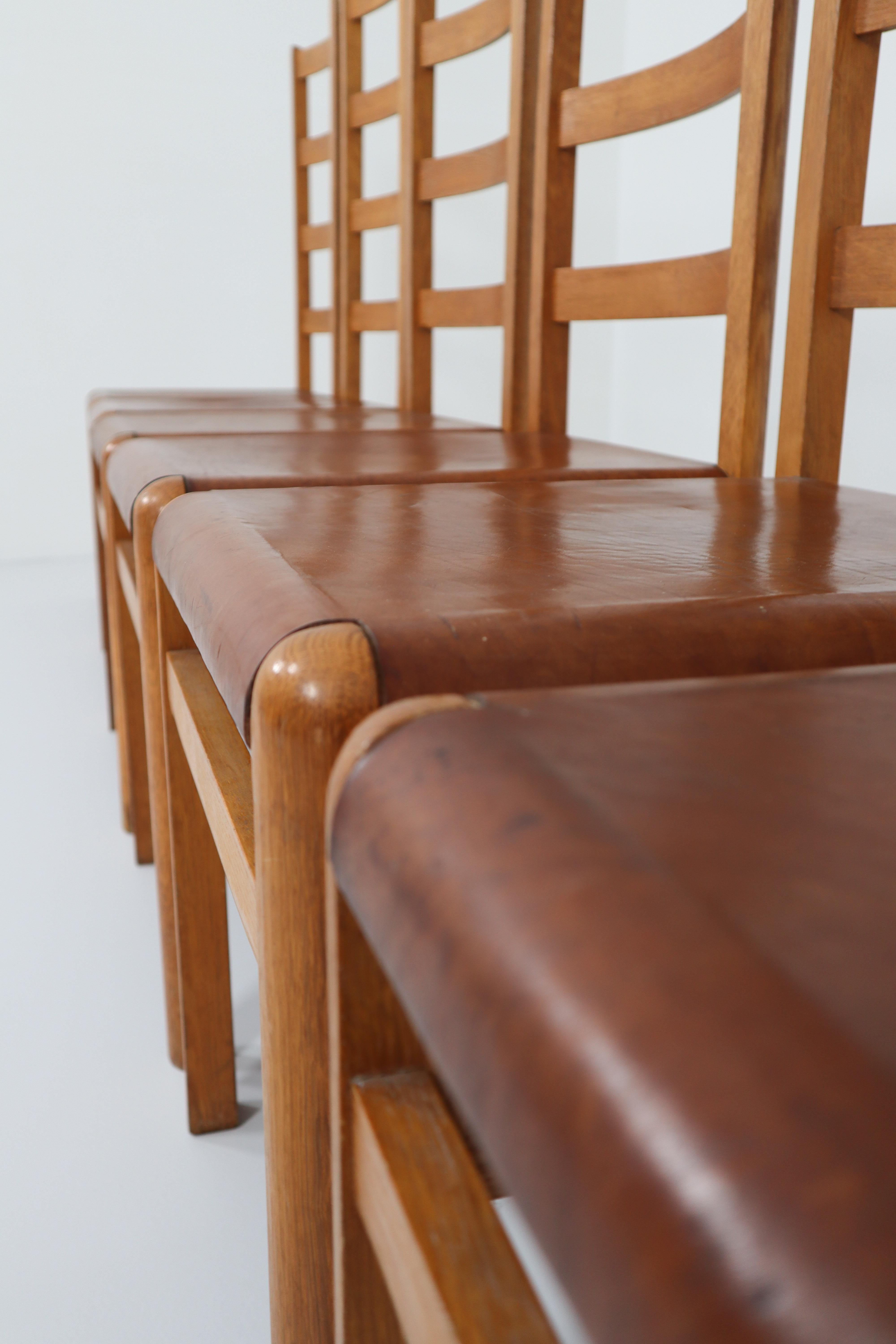 French Six Oak High Back Chairs with and Brown Cognac Leather, France, 1930