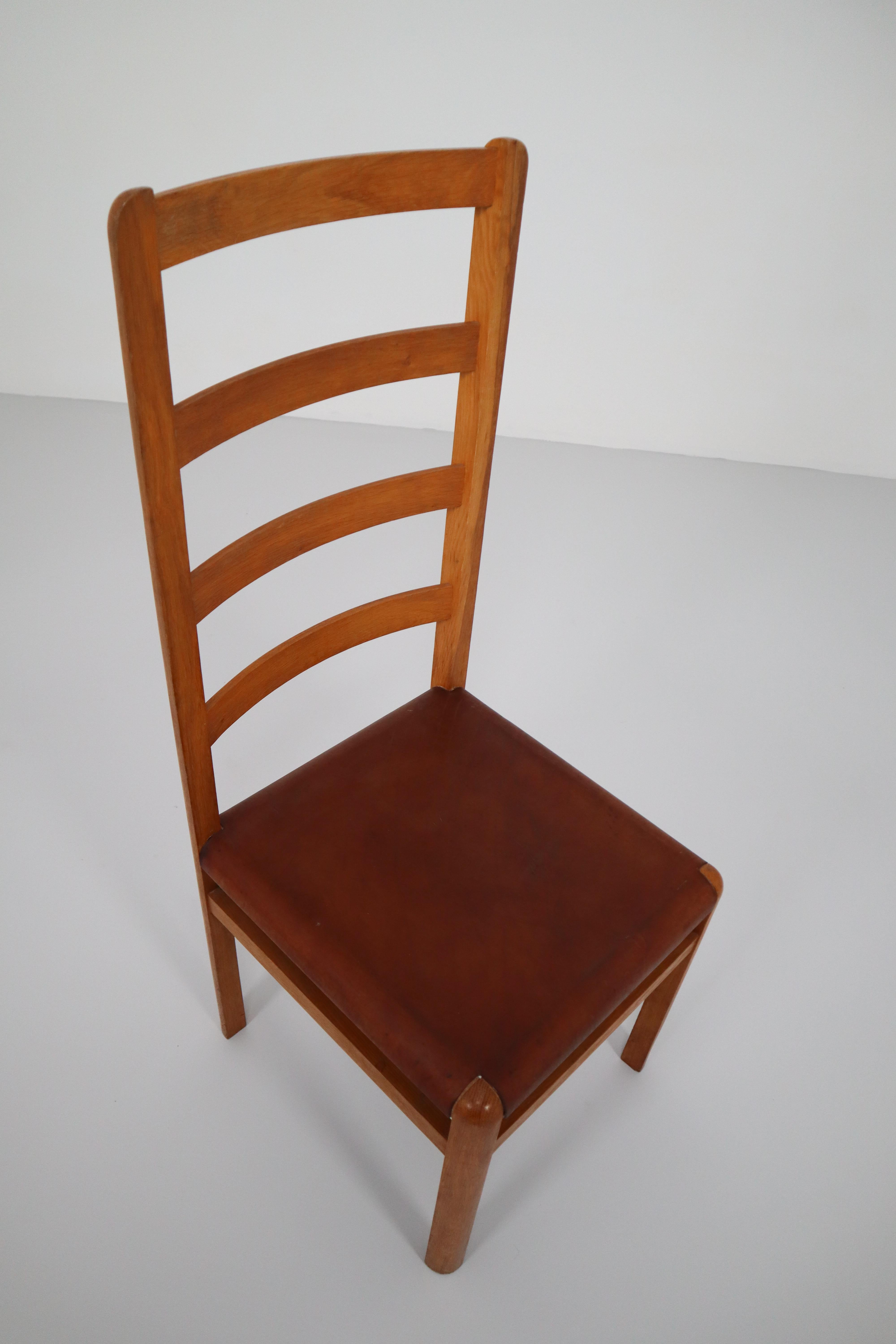 Six Oak High Back Chairs with and Brown Cognac Leather, France, 1930 In Good Condition In Almelo, NL
