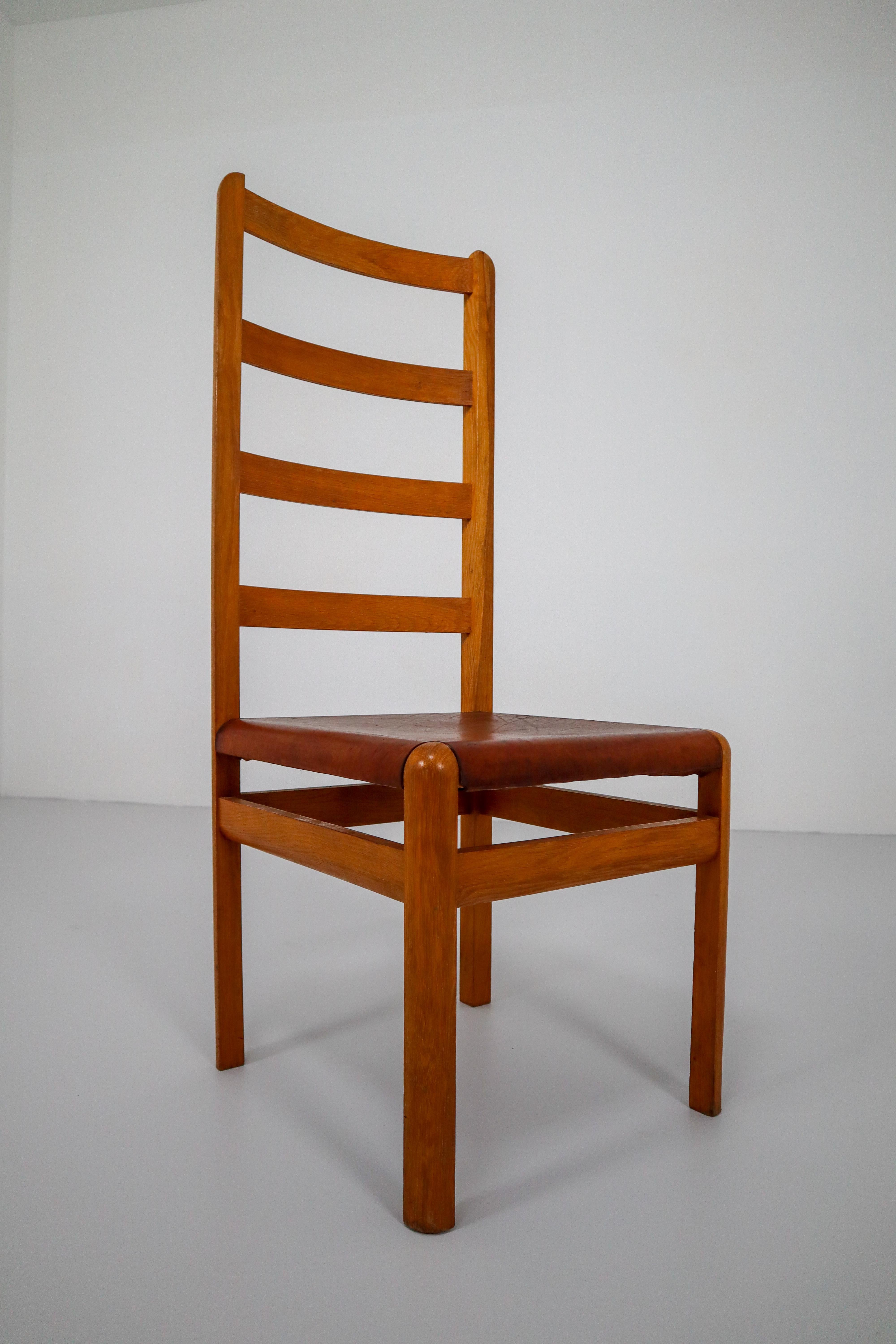 Six Oak High Back Chairs with and Brown Cognac Leather, France, 1930 1