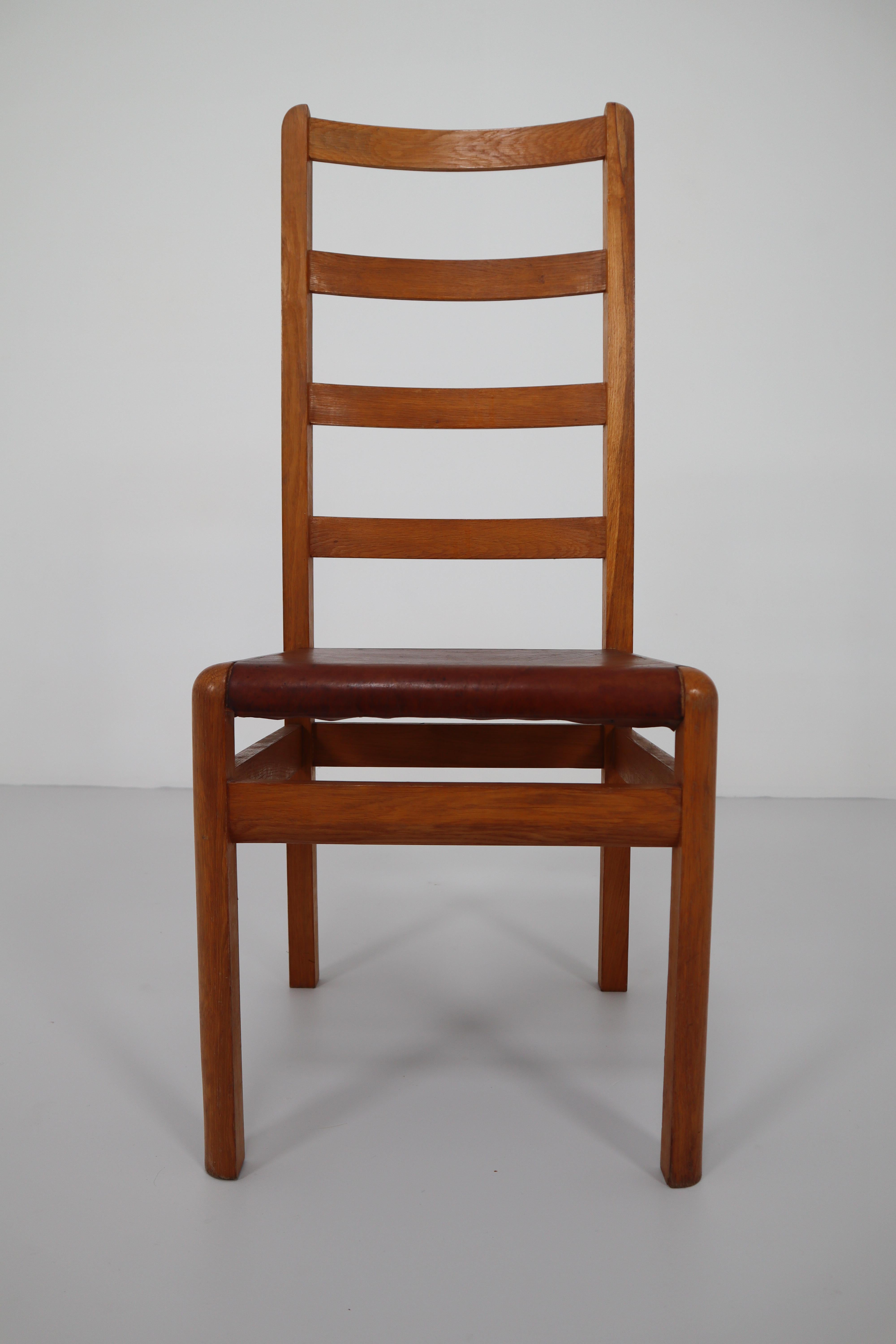 Six Oak High Back Chairs with and Brown Cognac Leather, France, 1930 2