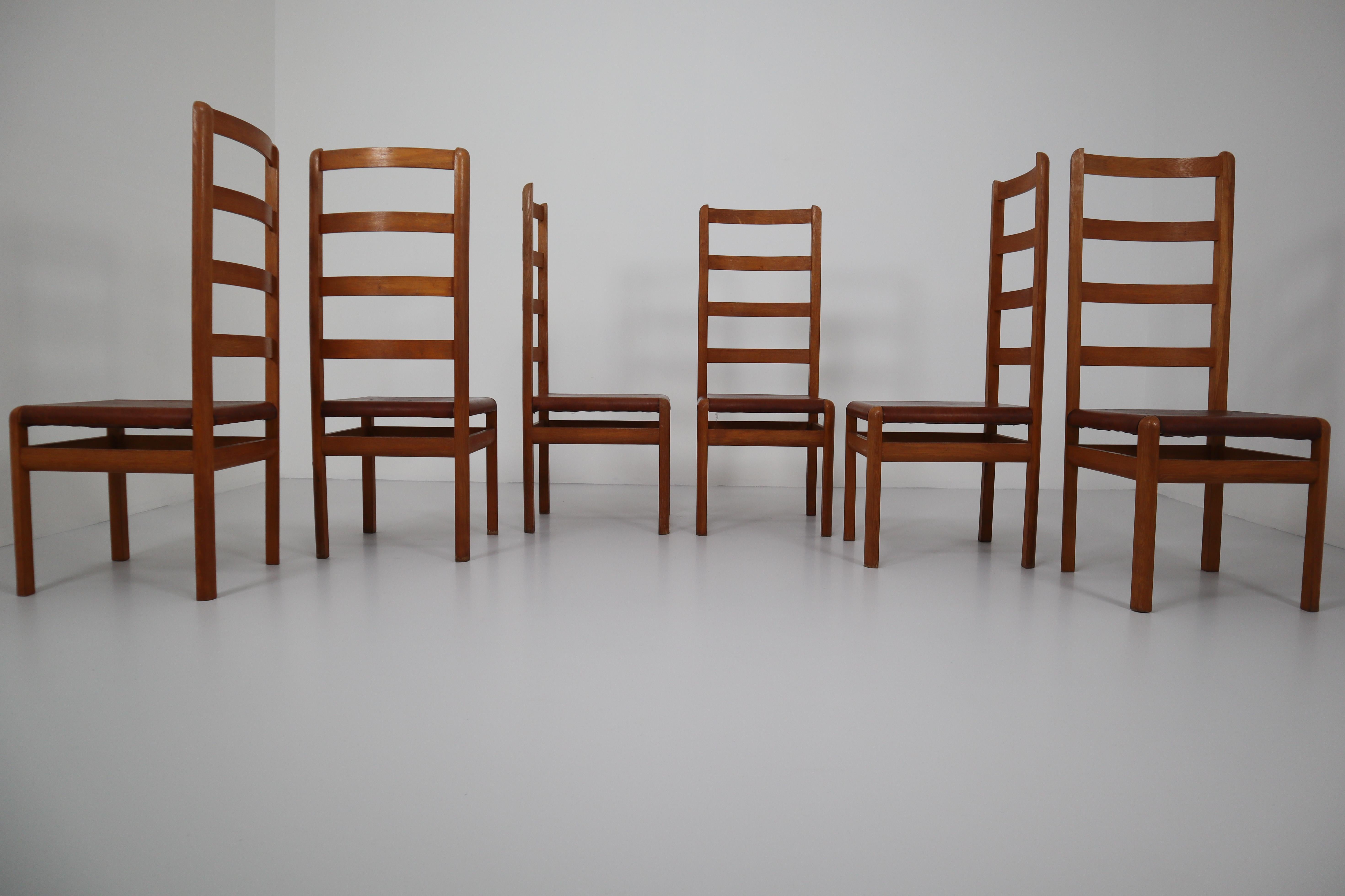 Six Oak High Back Chairs with and Brown Cognac Leather, France, 1930 3
