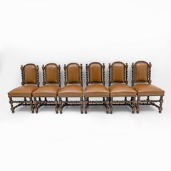 Six of Antique Italian Neo-Renaissance Walnut Dining Chairs in Genuine Leather.