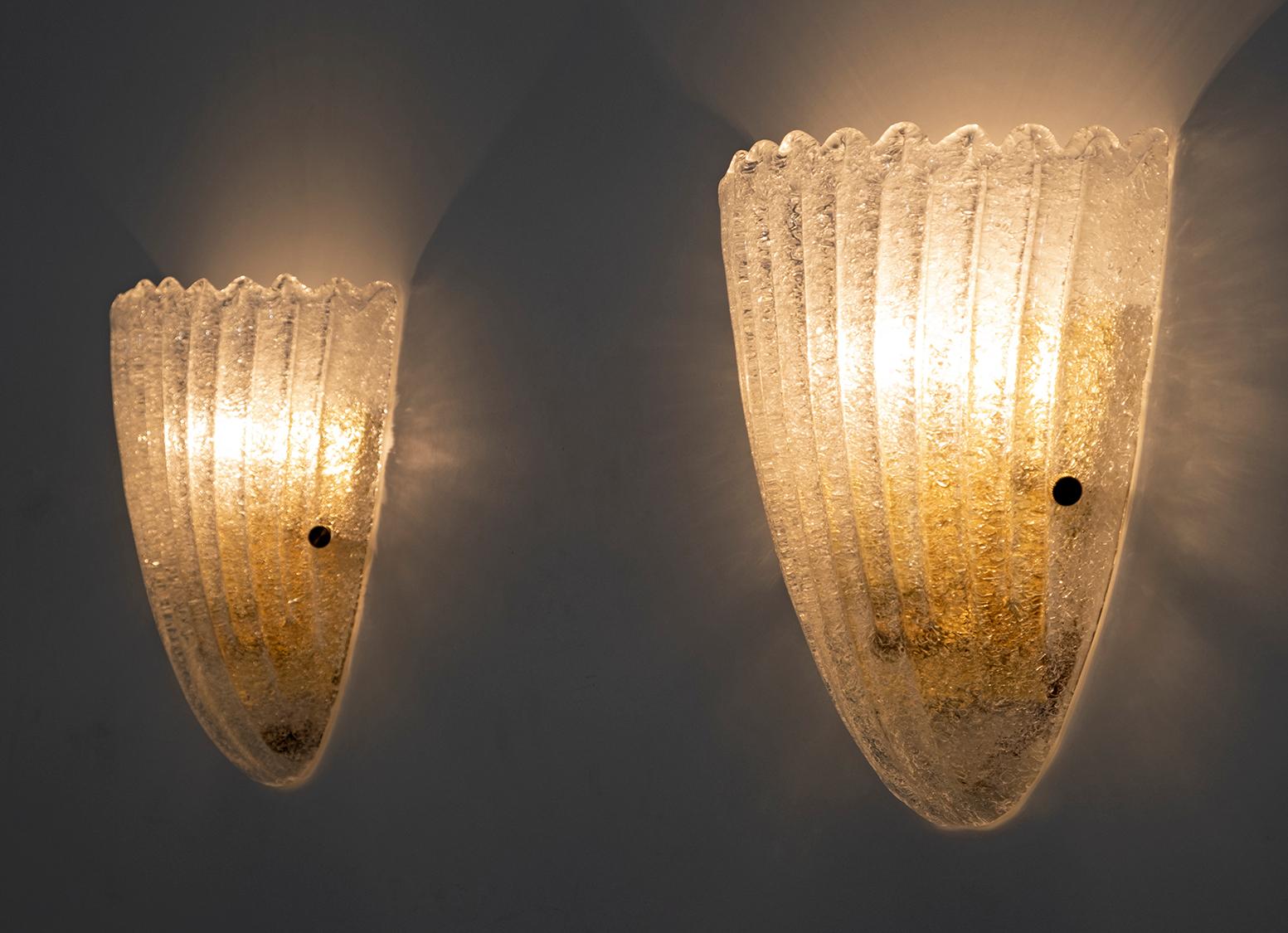 Brass Six of Barovier Mid-Century Modern Italian Murano Glass Shell Sconces, 1960s