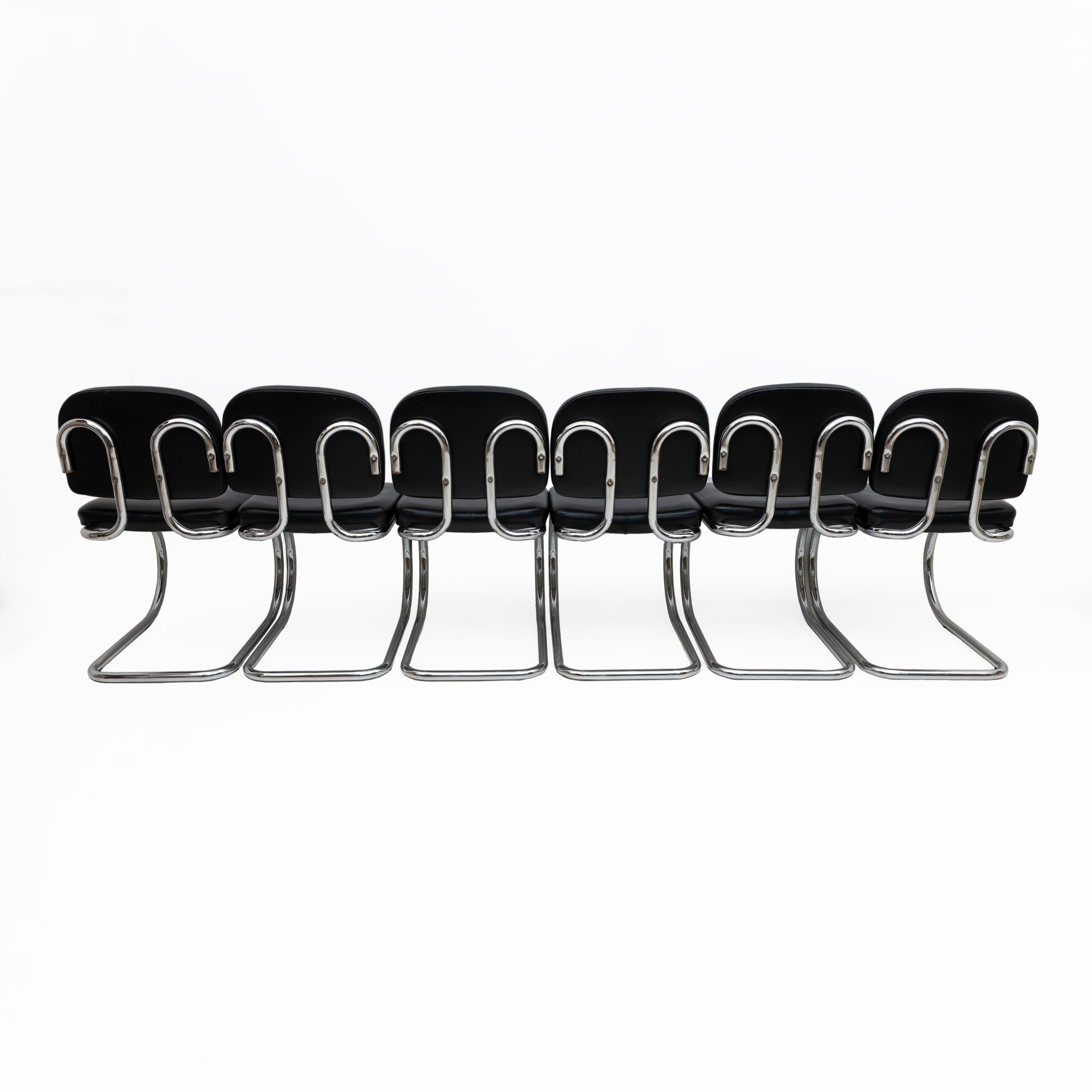 Six of Bauhaus-style Leatherette and Metal Chromed Cantilever Dining Chairs, 70s For Sale 4