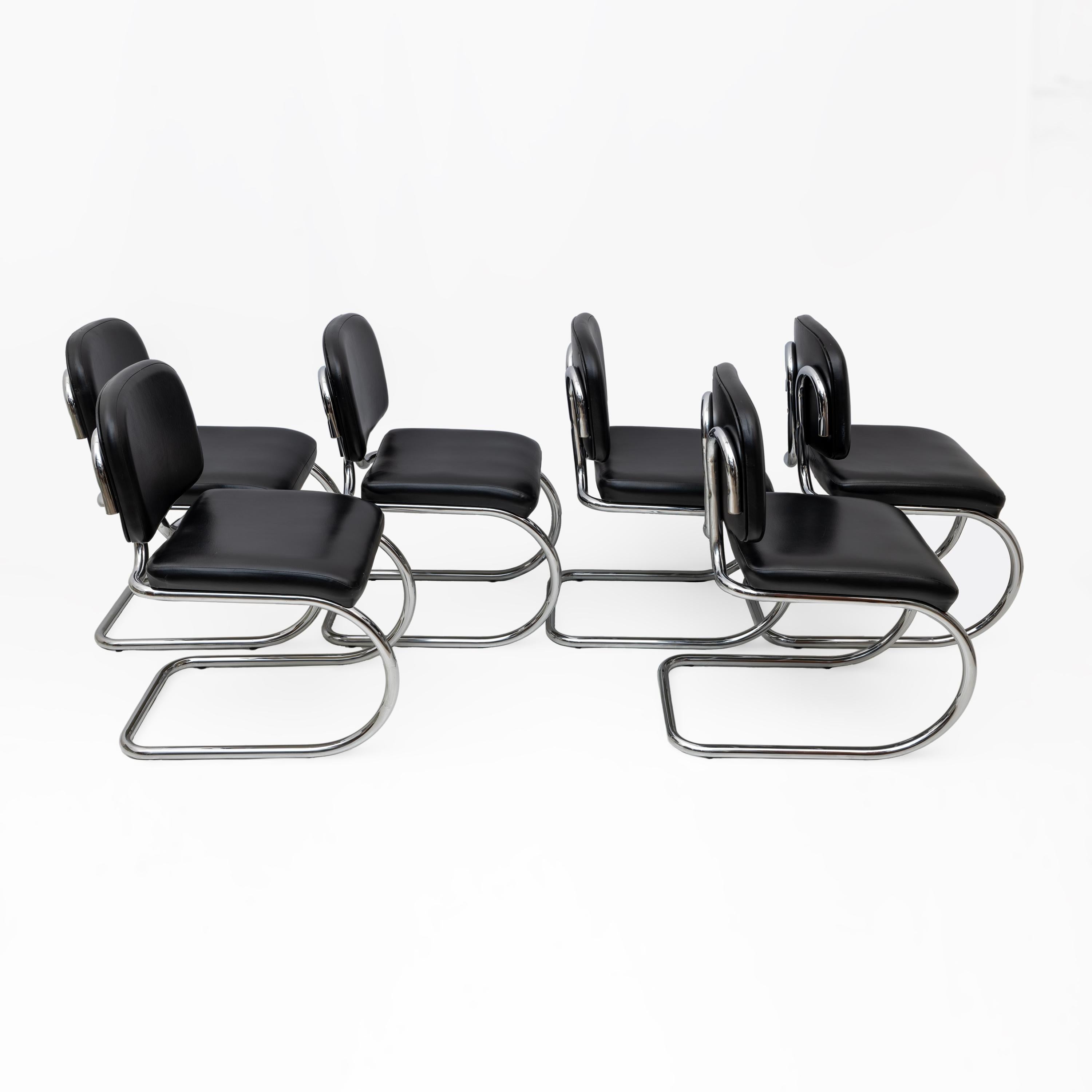 Six of Bauhaus-style Leatherette and Metal Chromed Cantilever Dining Chairs, 70s For Sale 5
