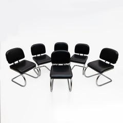 Six of Bauhaus-style Leatherette and Metal Chromed Cantilever Dining Chairs, 70s