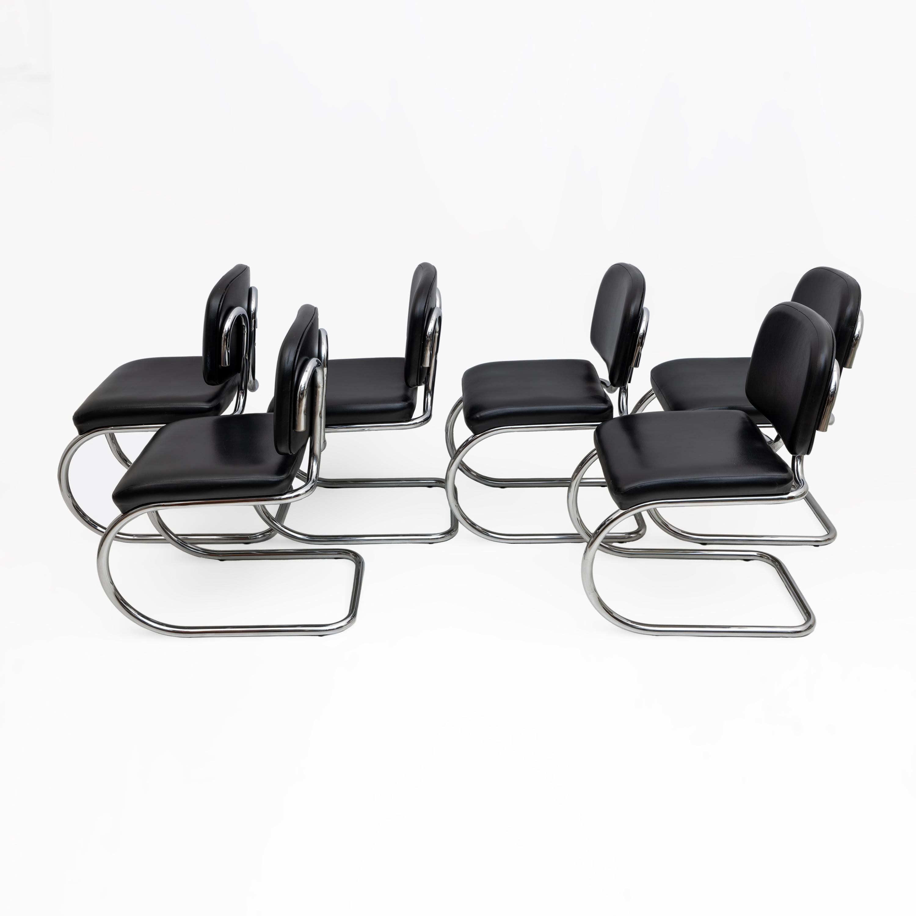 Italian Six of Bauhaus-style Leatherette and Metal Chromed Cantilever Dining Chairs, 70s For Sale