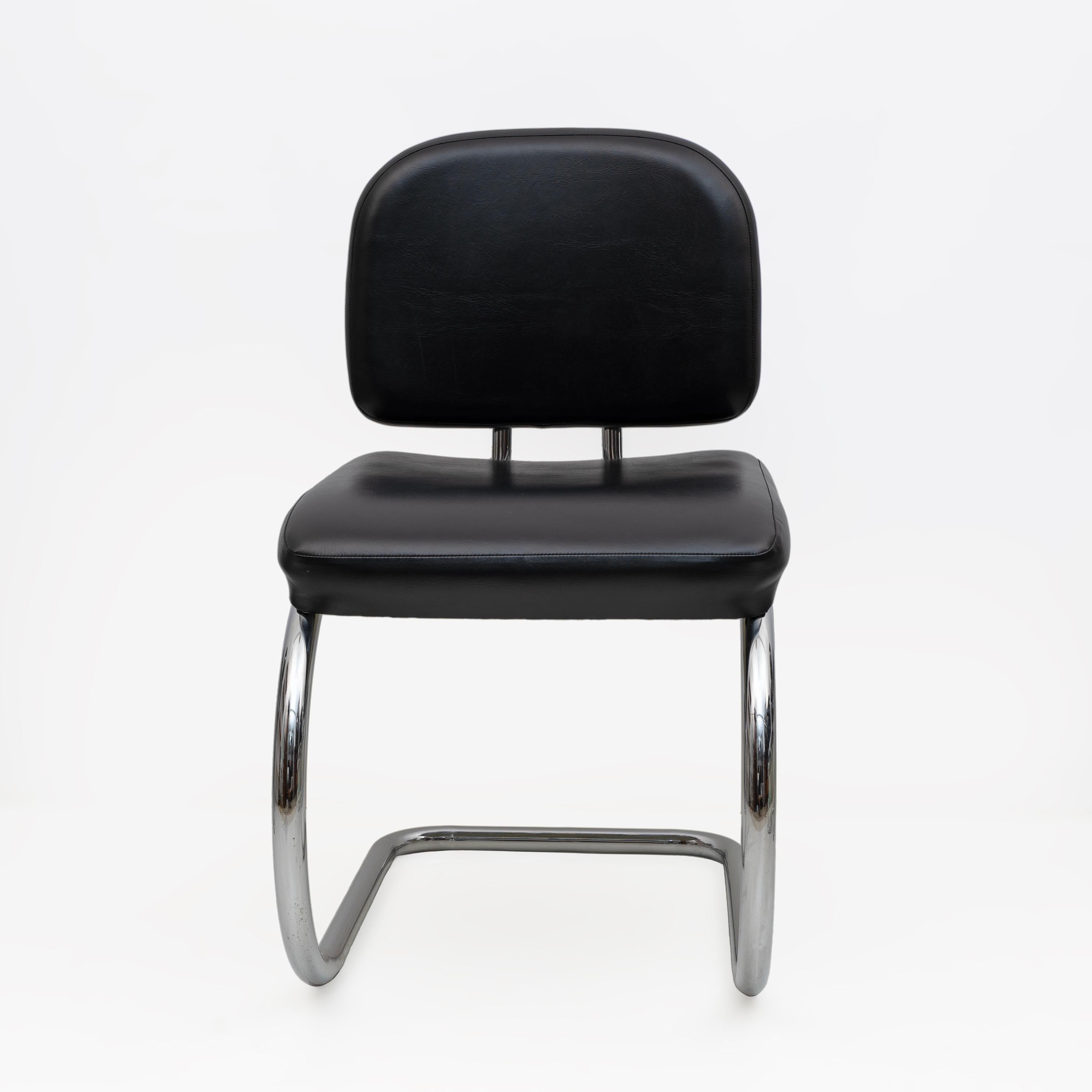 Faux Leather Six of Bauhaus-style Leatherette and Metal Chromed Cantilever Dining Chairs, 70s For Sale