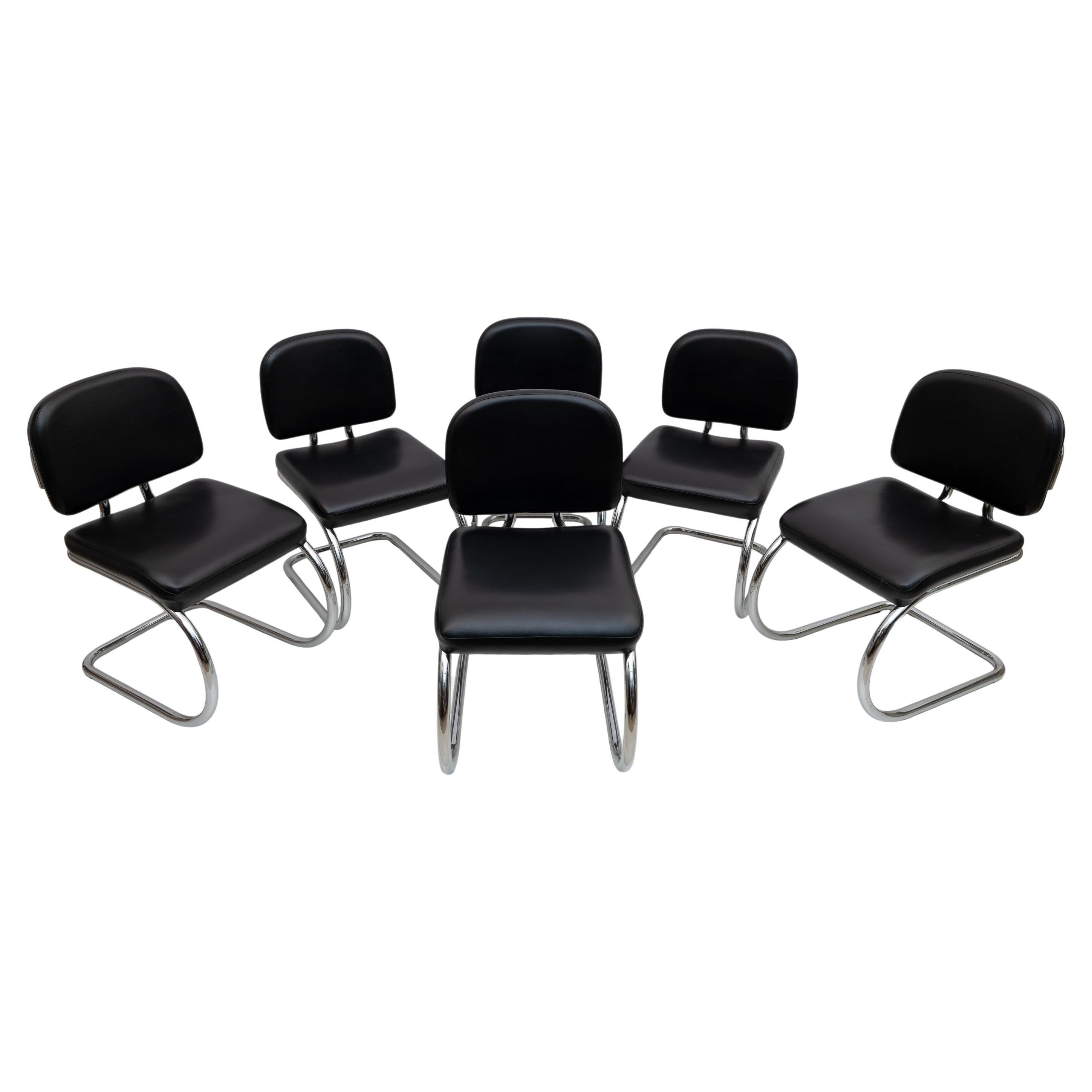 Six of Bauhaus-style Leatherette and Metal Chromed Cantilever Dining Chairs, 70s For Sale