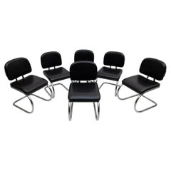 Six of Bauhaus-style Leatherette and Metal Chromed Cantilever Dining Chairs, 70s