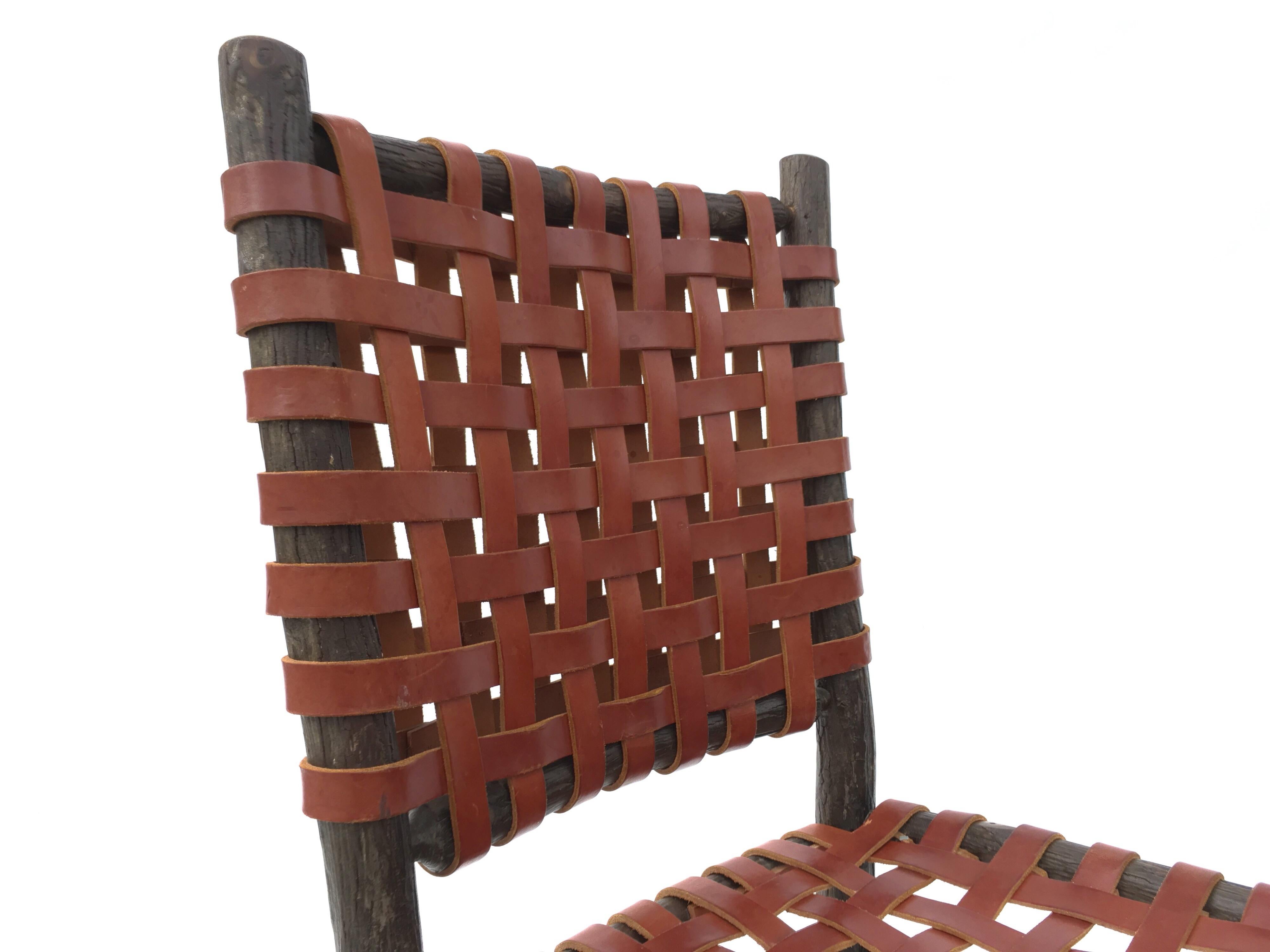 Six Old Hickory Dining Chairs with Woven Cognac Saddle Leather 7