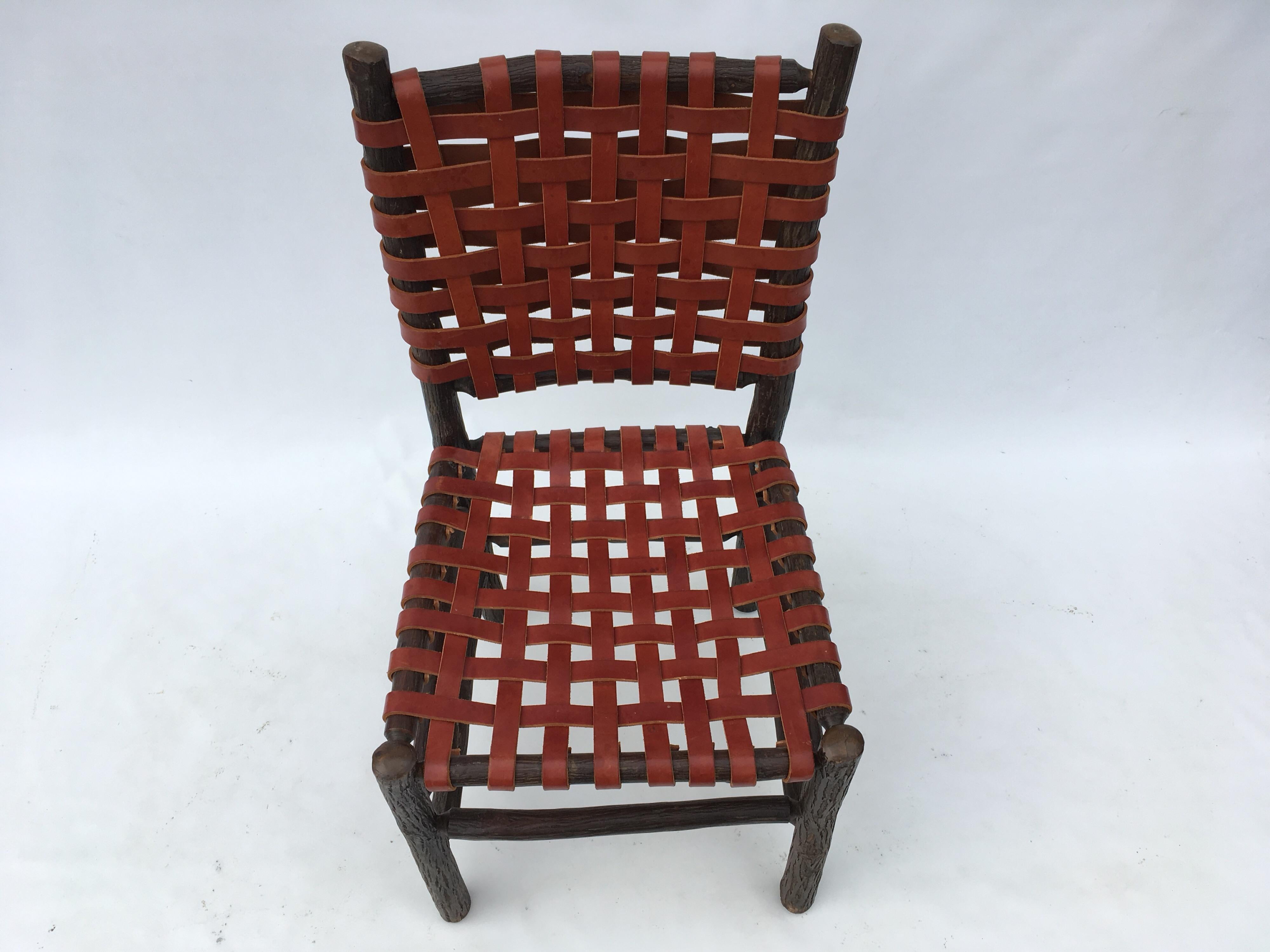 Six Old Hickory Dining Chairs with Woven Cognac Saddle Leather 8
