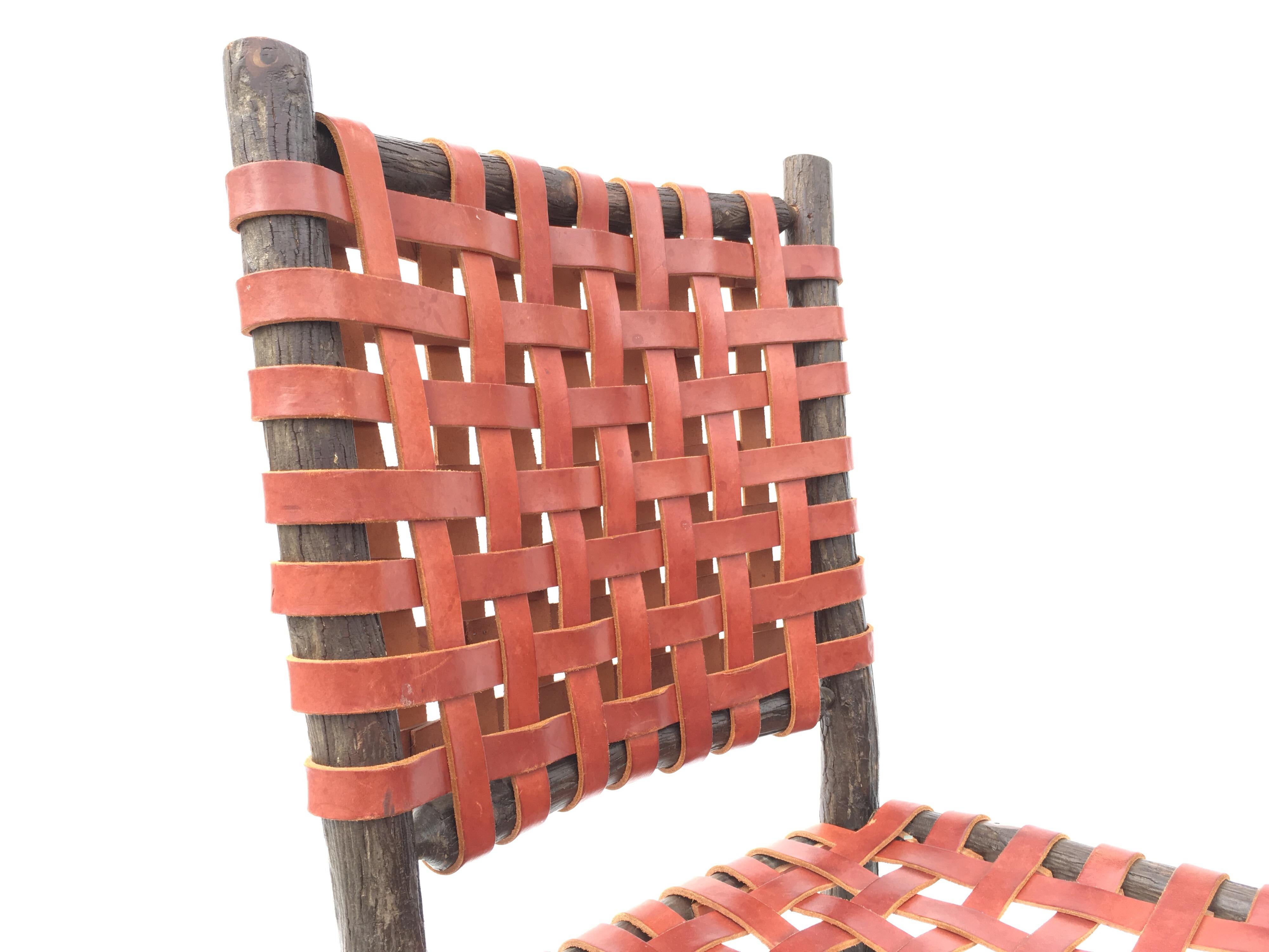 Modern Six Old Hickory Dining Chairs with Woven Cognac Saddle Leather