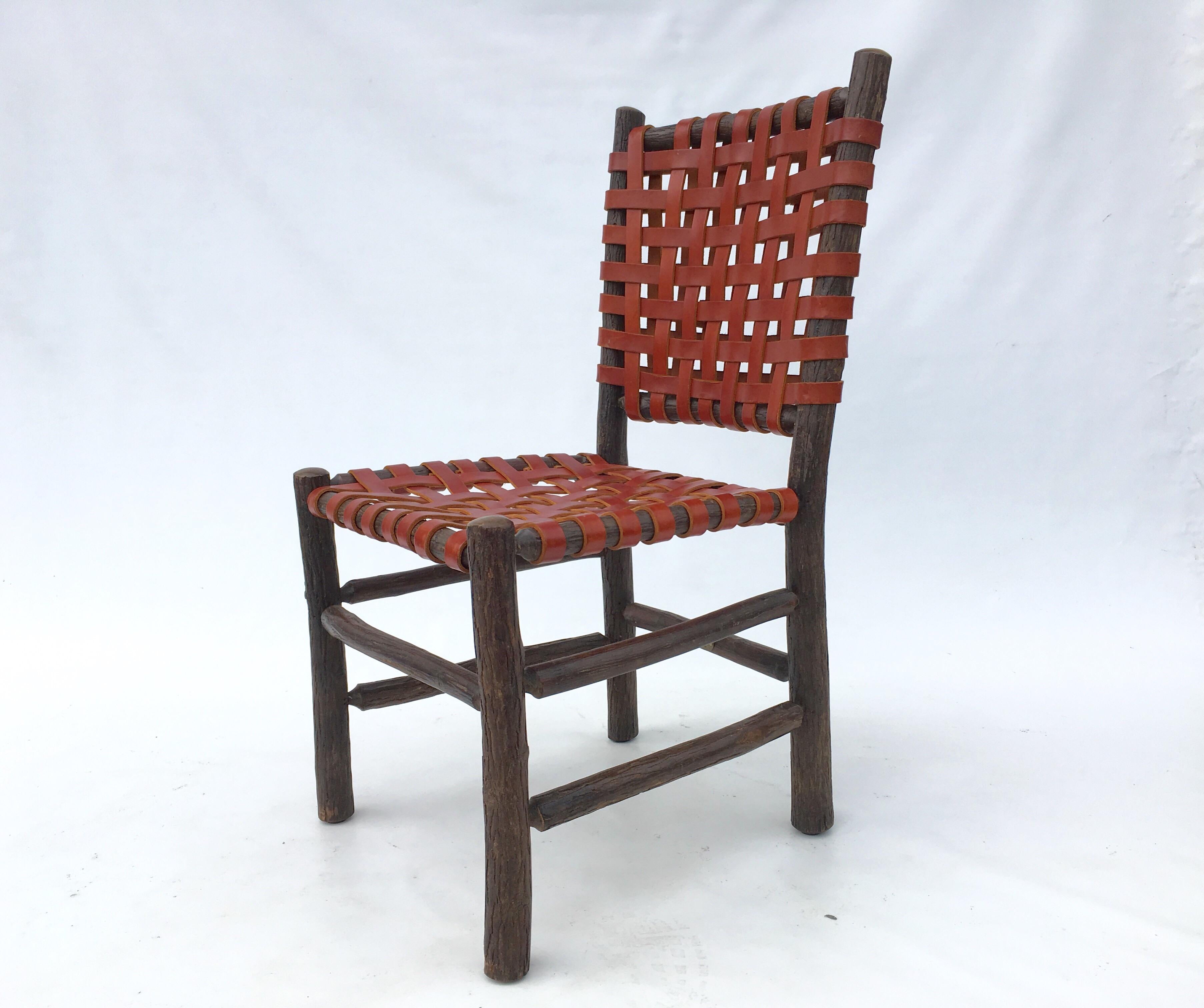 Late 20th Century Six Old Hickory Dining Chairs with Woven Cognac Saddle Leather